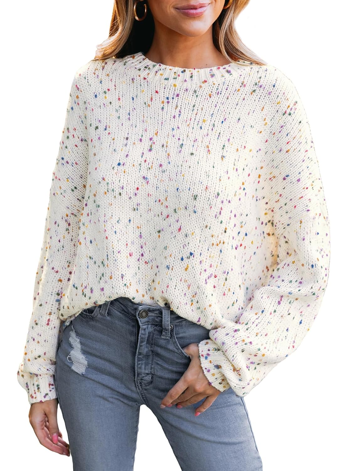 CUPSHE Womens Sweaters Rainbow Pom Casual Long Sleeve Ribbed Knit Pullover Sweater Tops