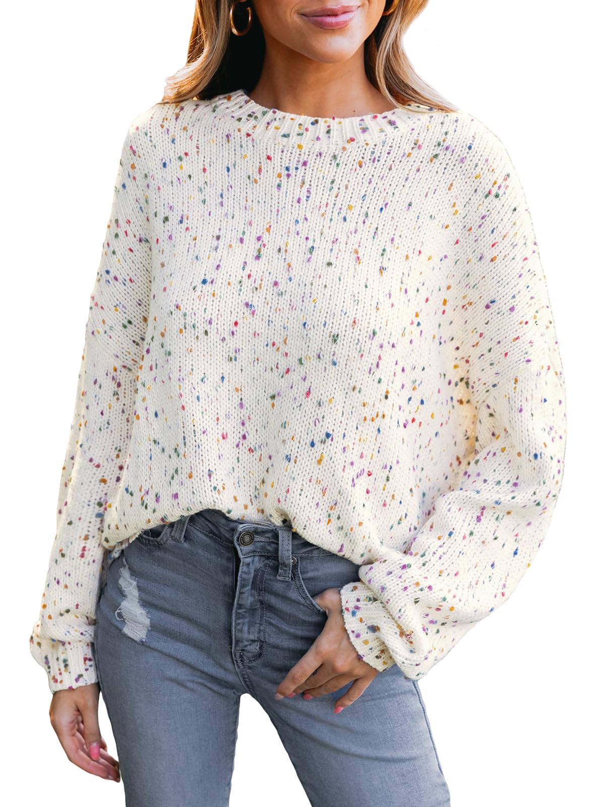 CUPSHE Womens Sweaters Rainbow Pom Casual Long Sleeve Ribbed Knit Pullover Sweater Tops