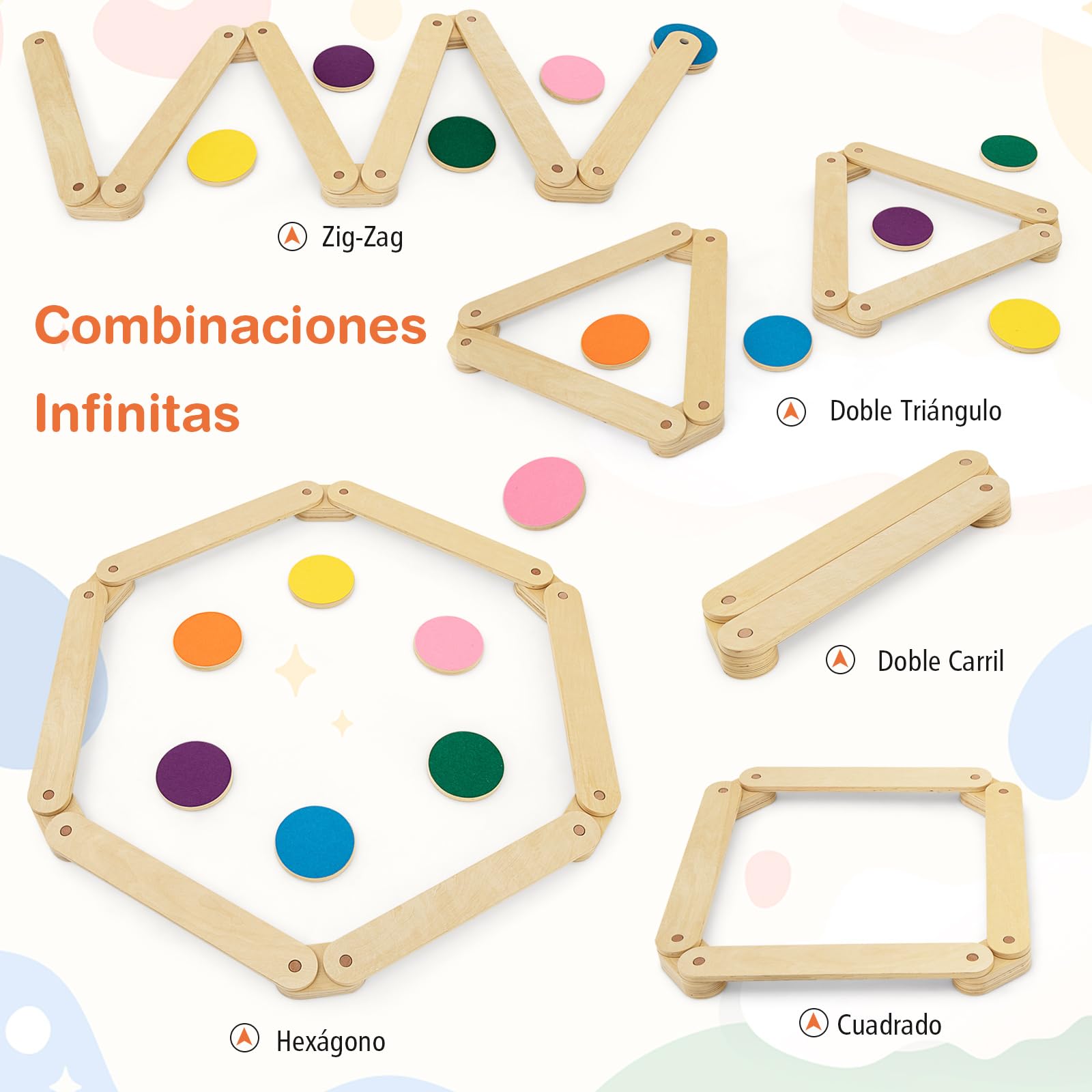 COSTWAY Barra de Equilibrio de Madera y Piedrecita, Carrera de Obstáculos de Gimnasia para Niños de 12 Piezas, Juguete Montessori de Madera para Interior/Exterior, Regalo para Niños de 3 a 7 Años