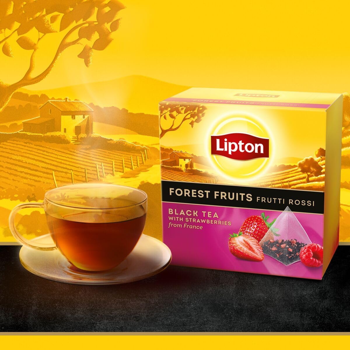 Lipton Schwarztee Forest Fruits, mit Erdbeeren aus Frankreich, für einen Moment der puren Freude, 12 x 20 Pyramidenbeutel