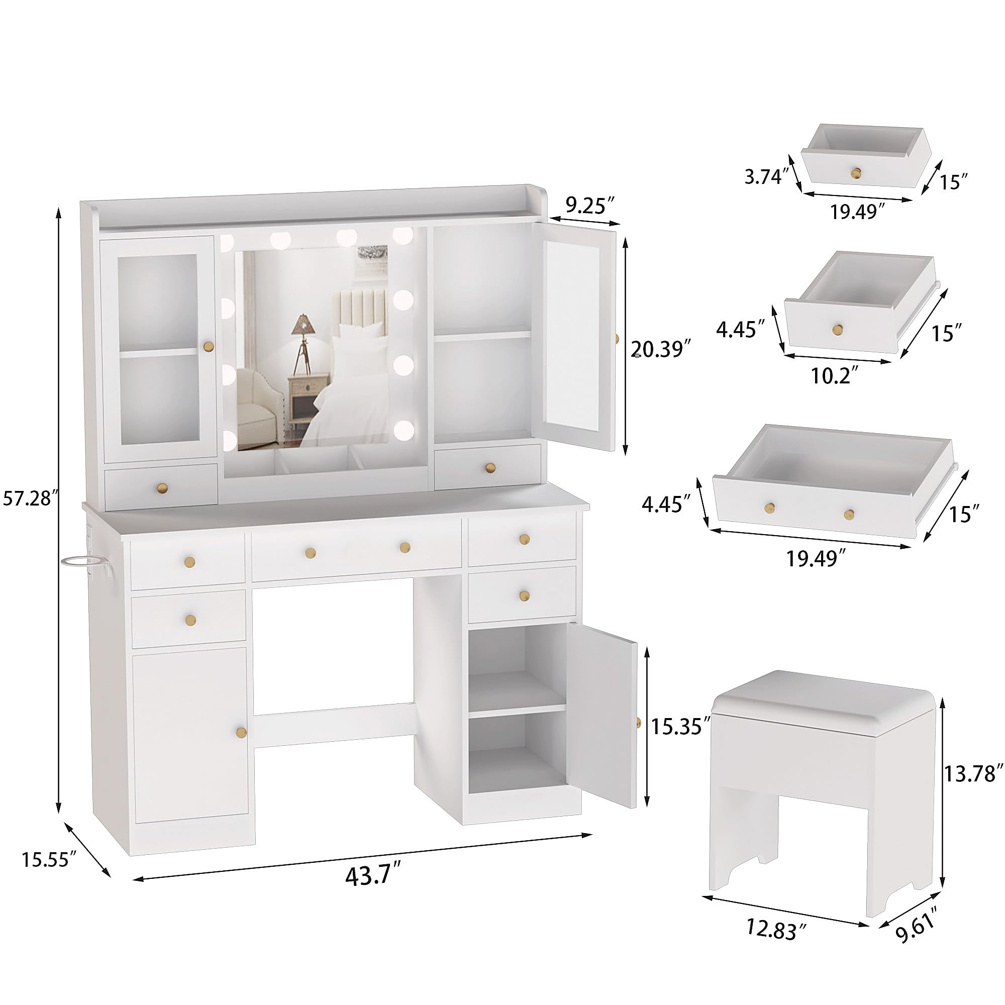 HUANLEGO Vanity Desk with Mirror and Lights, White Vanity Mirror with Lights Desk and Chair &7 Drawers, Cabinets Makeup Vanity Table with with Stool for Bedroom 3 Lights Mode and Brightness Adjusted