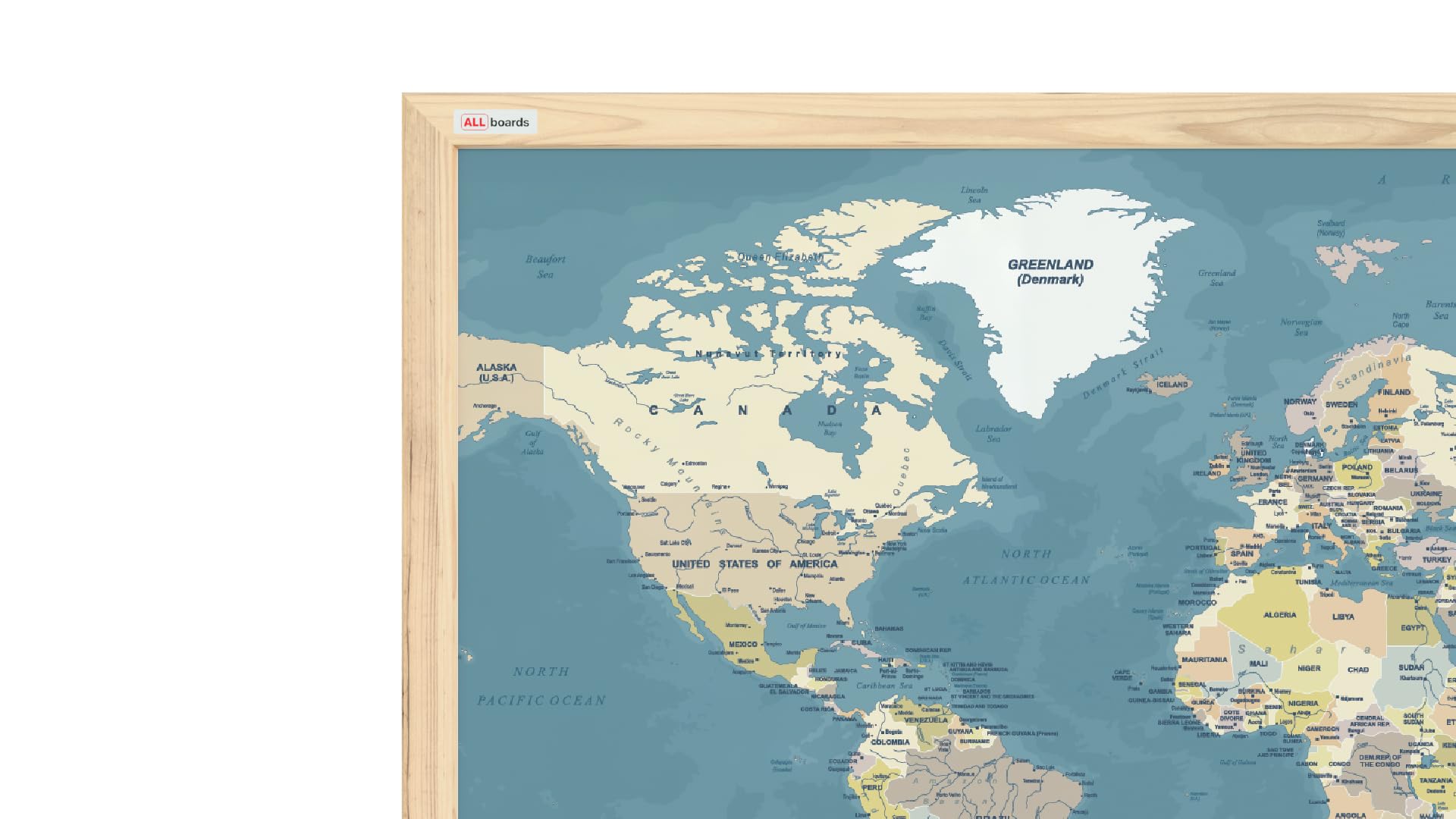 ALLboards Tableau magnétique image carte du monde couleurs pastels 60x40cm dans un cadre en bois naturel