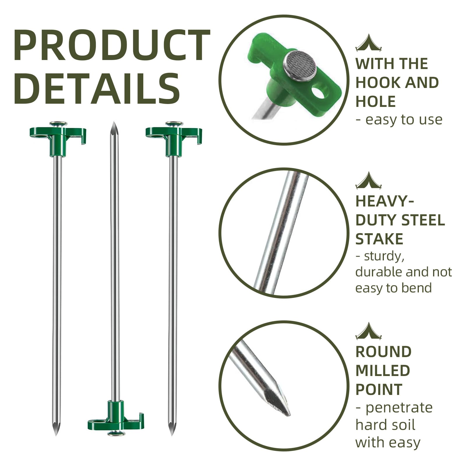 Lot de 50 piquets de tente robustes de 25,4 cm en métal pour camping, jardin, cour (vert)