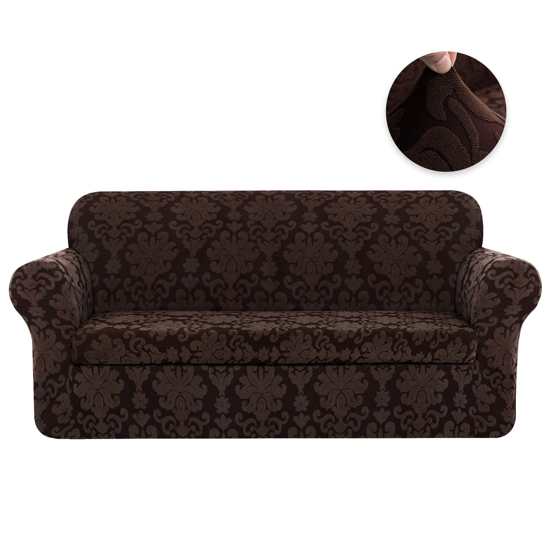 CHUN YI 2 Piece Stretch Sofa Covers Jacquard Damask Large Sofa Cover, Elegant Anti Stain Couch Slipcover with 1, 2, 3 Seat Cushion Covers for Living Room Kids, Pets(Large,Chocolate)