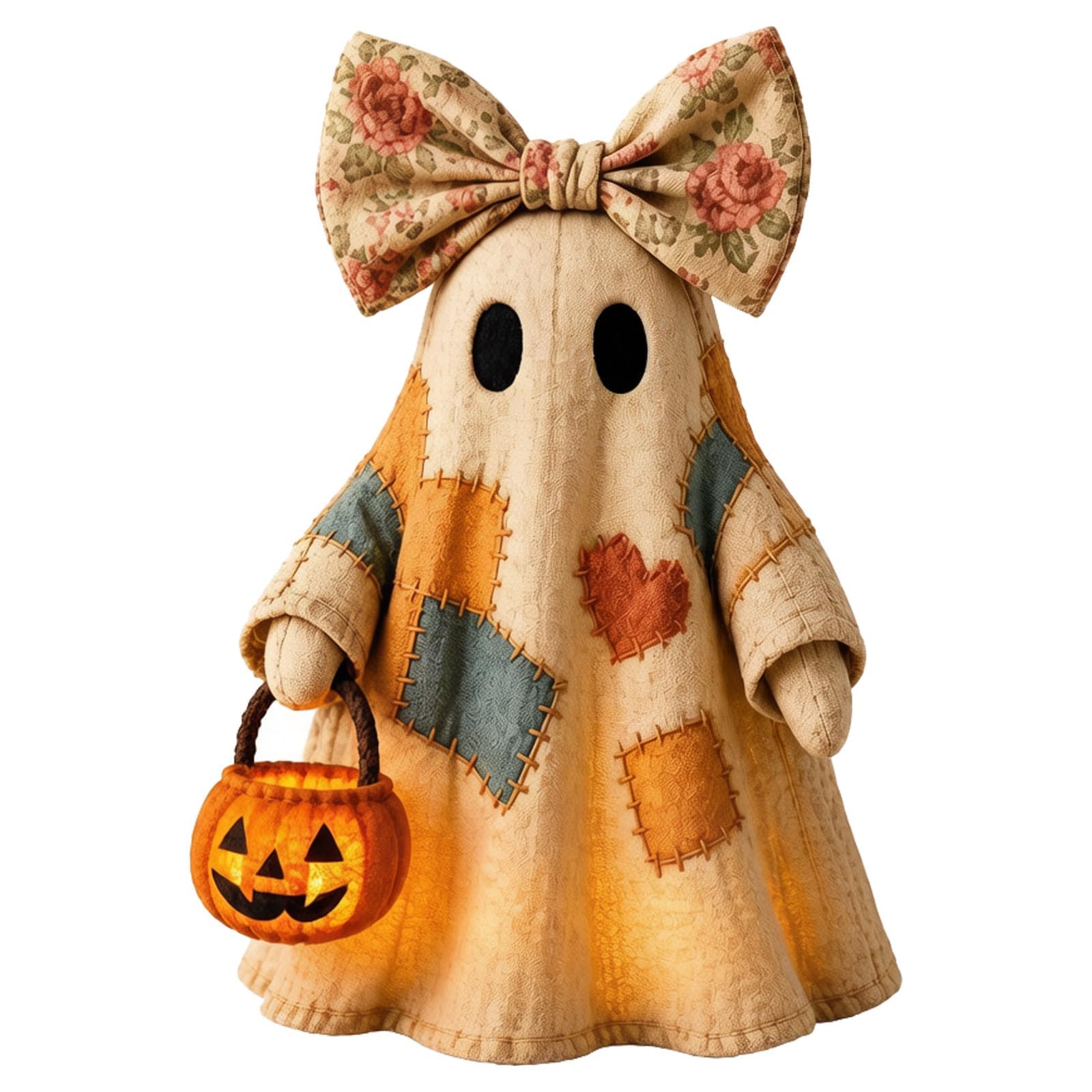 Lighted Vintage Patchwork Ghost, Light Up Ghost with Pumpkin Lantern Halloween Decor, Vintage Halloween Patchwork Cute Ghosts Lamp, Rustic Fall Figurine Decoration for Mantel Shelf Entryway Porch