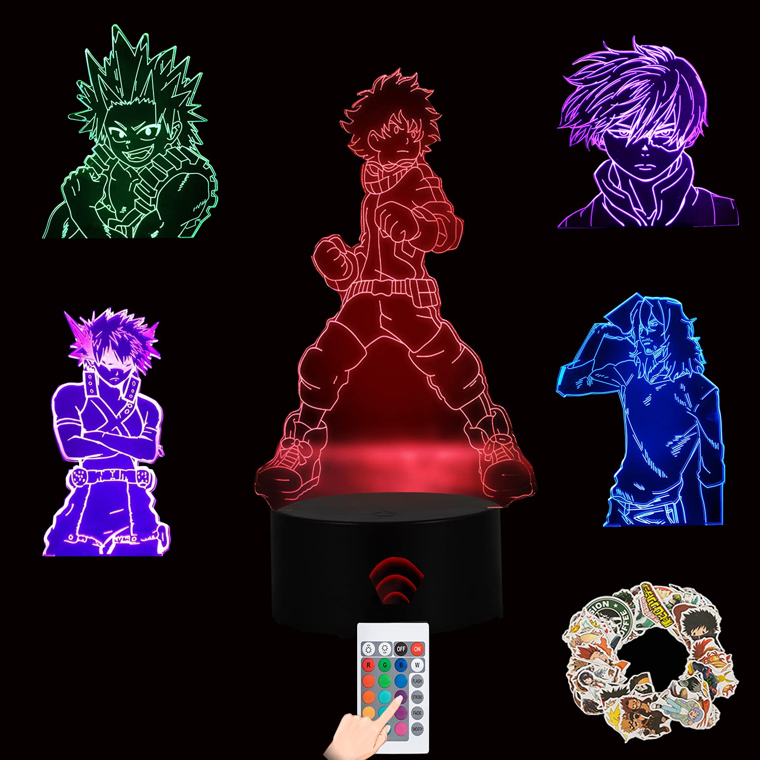 My Hero Academia Anime 5in1 Characters 3D Night Light,LED Touch Illusion Bedroom Lamp, Remote Color Changing & 50pcs Waterpoof Vinyl Stickers for Child Kids Birthday Xmas Anime Fans Gift