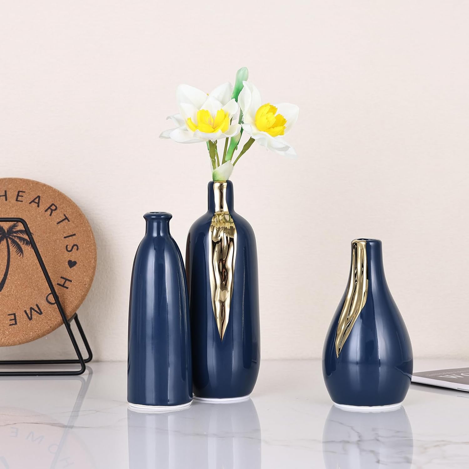Blue and Gold Mini Ceramic Vase Set of 3, Small Ceramic Vase Set for Decorative, Bud Vases for Centerpieces Nightstand Kitchen, Boho Farmhouse Home Coffee Table Tray Decor