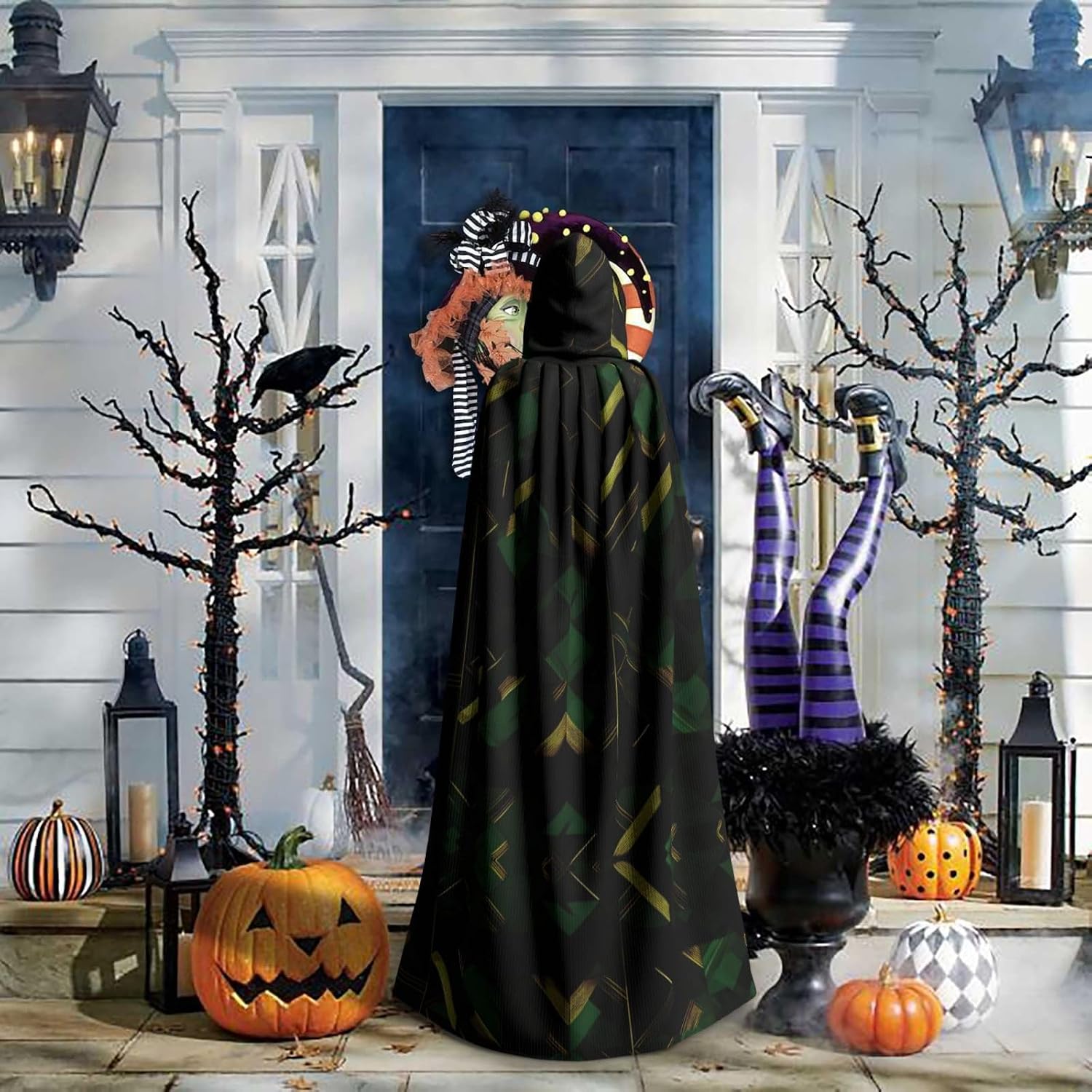 black green and gold geometric print Hooded Robe Cloak Long Cape Cosplay Costume Halloween Witch Cosplay Robe for Men Women
