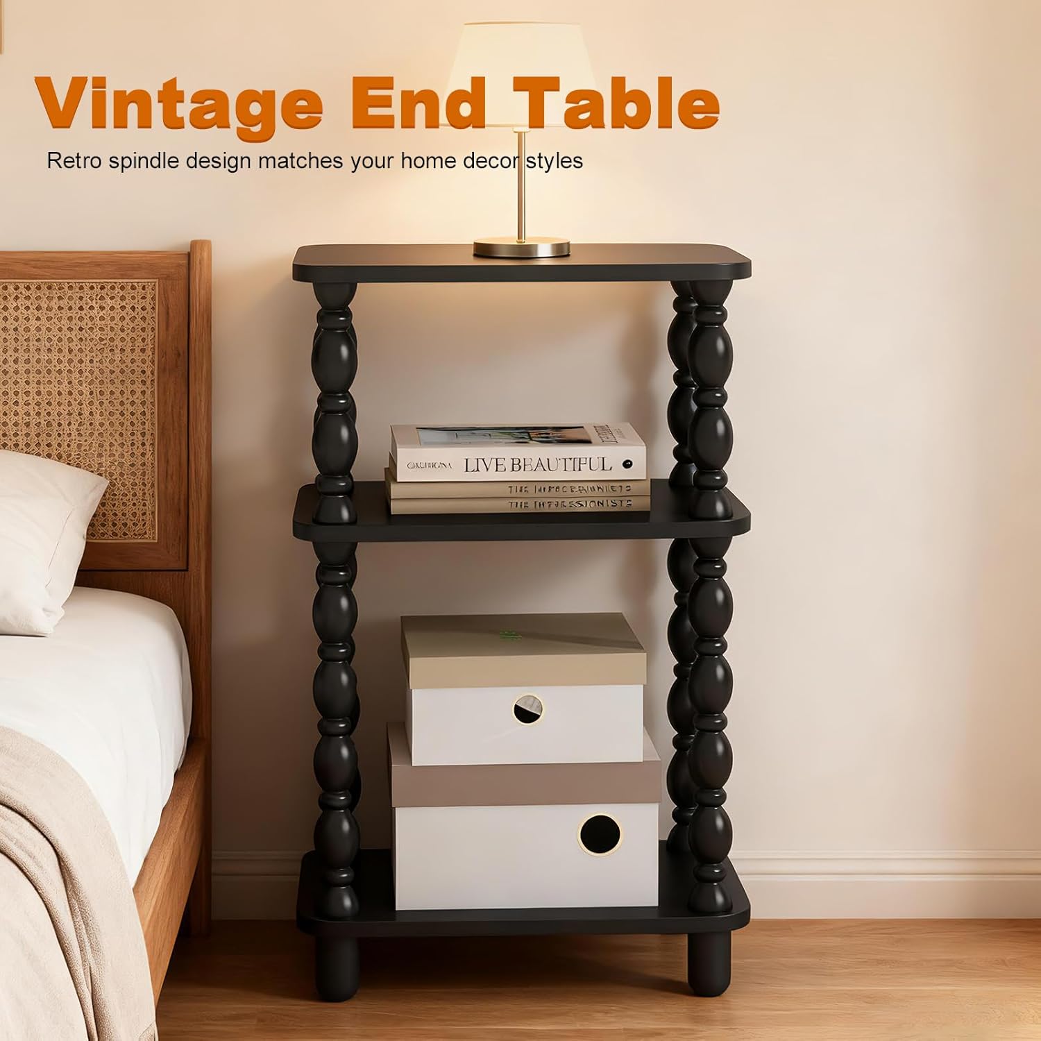 Side Table, Retro End Table with 3 Tier Shelf, Small Couch Side Table for Living Room, Vintage Farmhouse End Table, Bedroom Skinny Bedside Table Nightstand(Black)