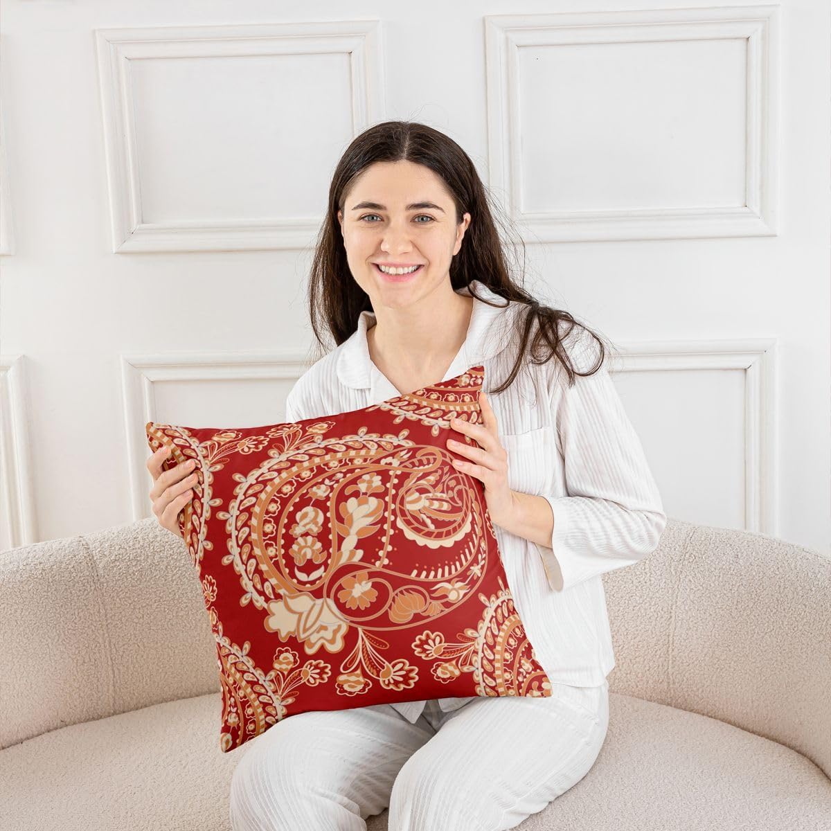 Feelyou Paisley Pillow Cases Cushion Covers Kids Boho Paisley Print Throw Pillow Covers 22"x22" Set of 2 Soft Bohemian Exotic Style Decorative Throw Pillowcases for Indian Style Red Cushion Cases