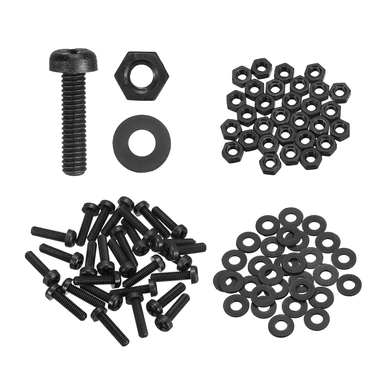 sourcing map 30 Set M2.5x10mm Nylon PA66 Plastic Cross Round Head Screw Phillips Bolts Hex Nuts Flat Washers Assortment Kit, Metric Full Thread Bolt Fasteners for DIY Machine Assembly, Black — image 1