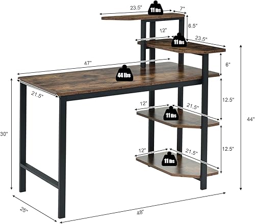 Miniatura 3 de Tangkula Escritorio industrial para computadora con estantes de almacenamiento de 4 niveles, mesa de estudio de escritura de madera de 48 pulgadas