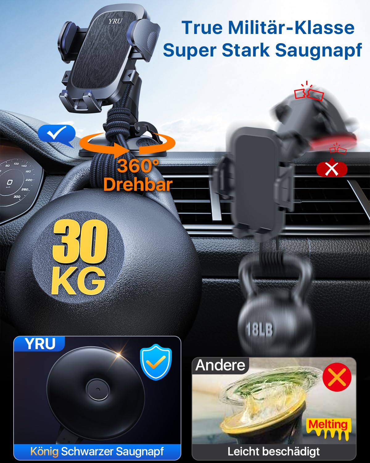 2026 Exclusive Wackelfrei Handyhalterung Auto YRU【Upgrade Bombenfest Saugnapf & Clip】Handy Halterung Auto Kein Rückstand 360° Drehbar Handyhalter Armaturenbrett Scheibe für iPhone Samsung, Mattschwarz