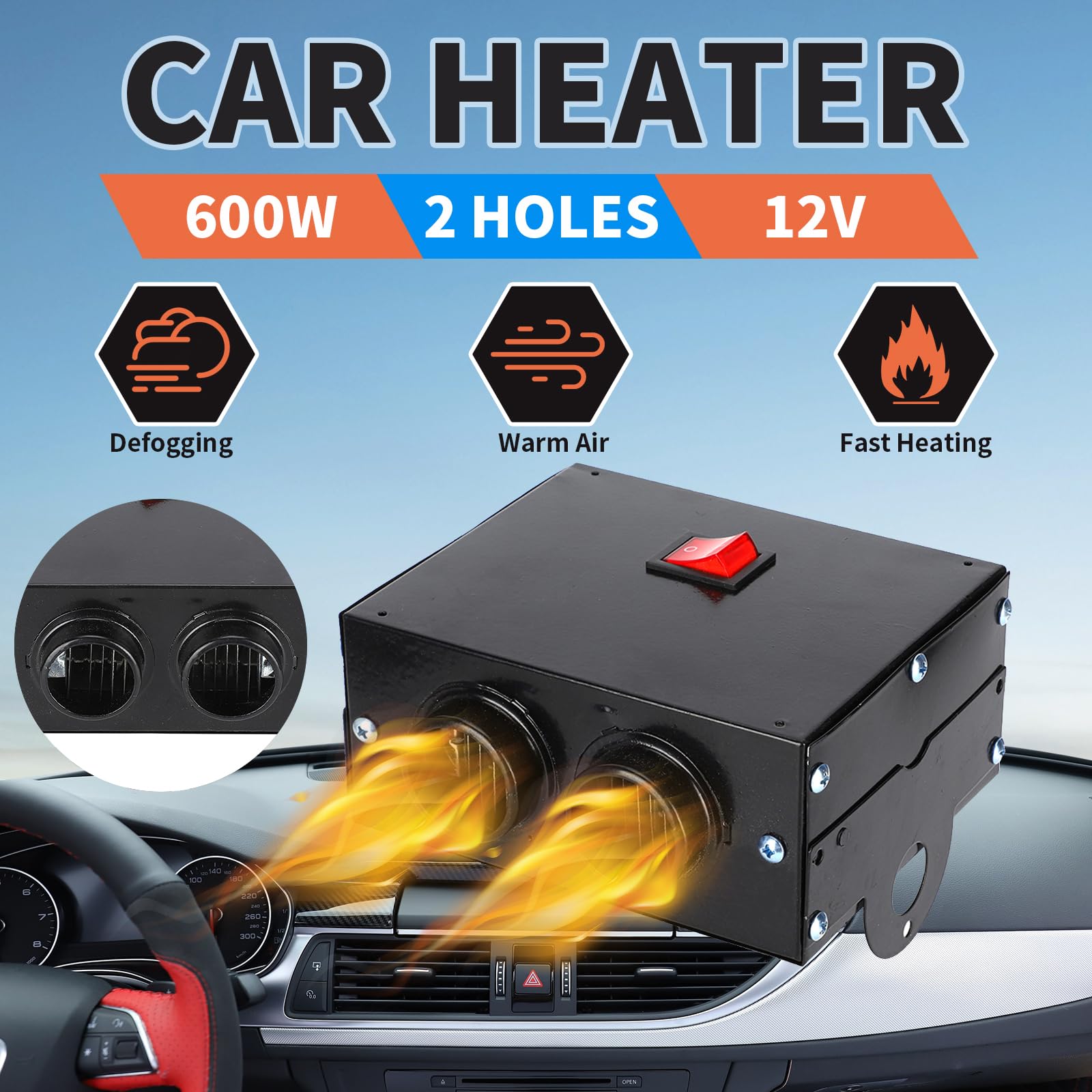 Sbrinatore per Auto Sbrinatore, Riscaldatore 12V 400W 600W 2 Fori Inverno Riscaldamento Rapido Parabrezza Antigelo Rimozione a Basso Rumore