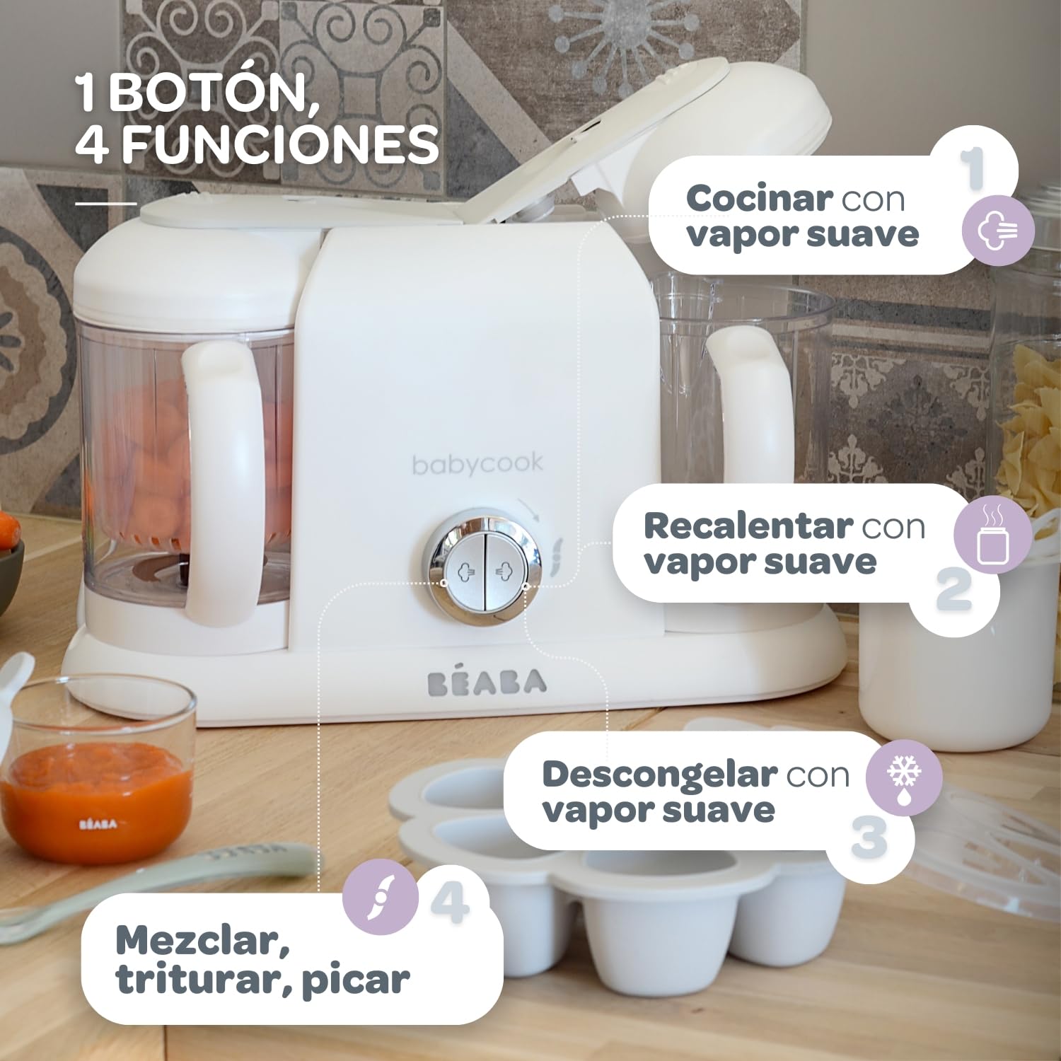 BÉABA Babycook Duo, Robot de cocina infantil 4 en 1, Tritura, cocina y cuece al vapor, Rápido en 15 minutos, Comida casera para bebés y niños, Capacidad XXL, 2 x 200 ml, Blanco/Plato