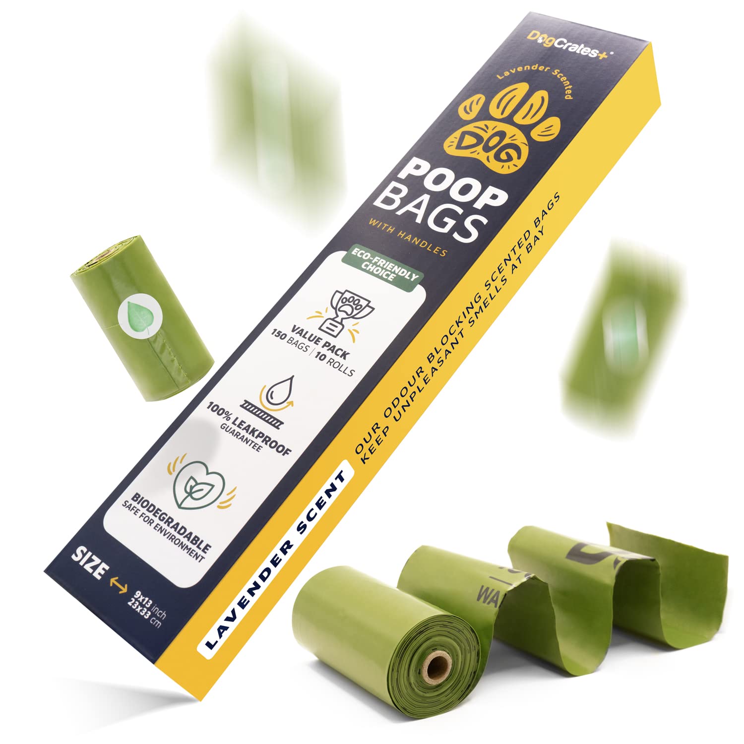 Bolsas para caca de perro, 150 bolsas ecológicas biodegradables a prueba de fugas y extra gruesas con asas de corbata, 15 bolsas en un rollo, bolsas de basura fuertes, aroma a lavanda