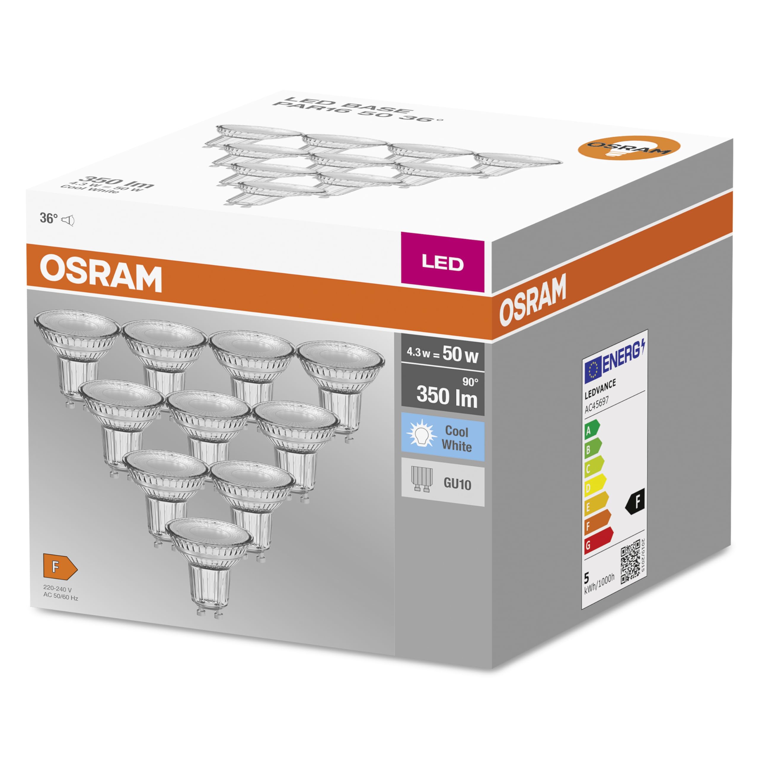Osram 4058075036703 Spot LED 4,30W Cool Réflecteur 4000K, Verre, GU10, 4 W, Argent, Blanc Froid - Pack de 10