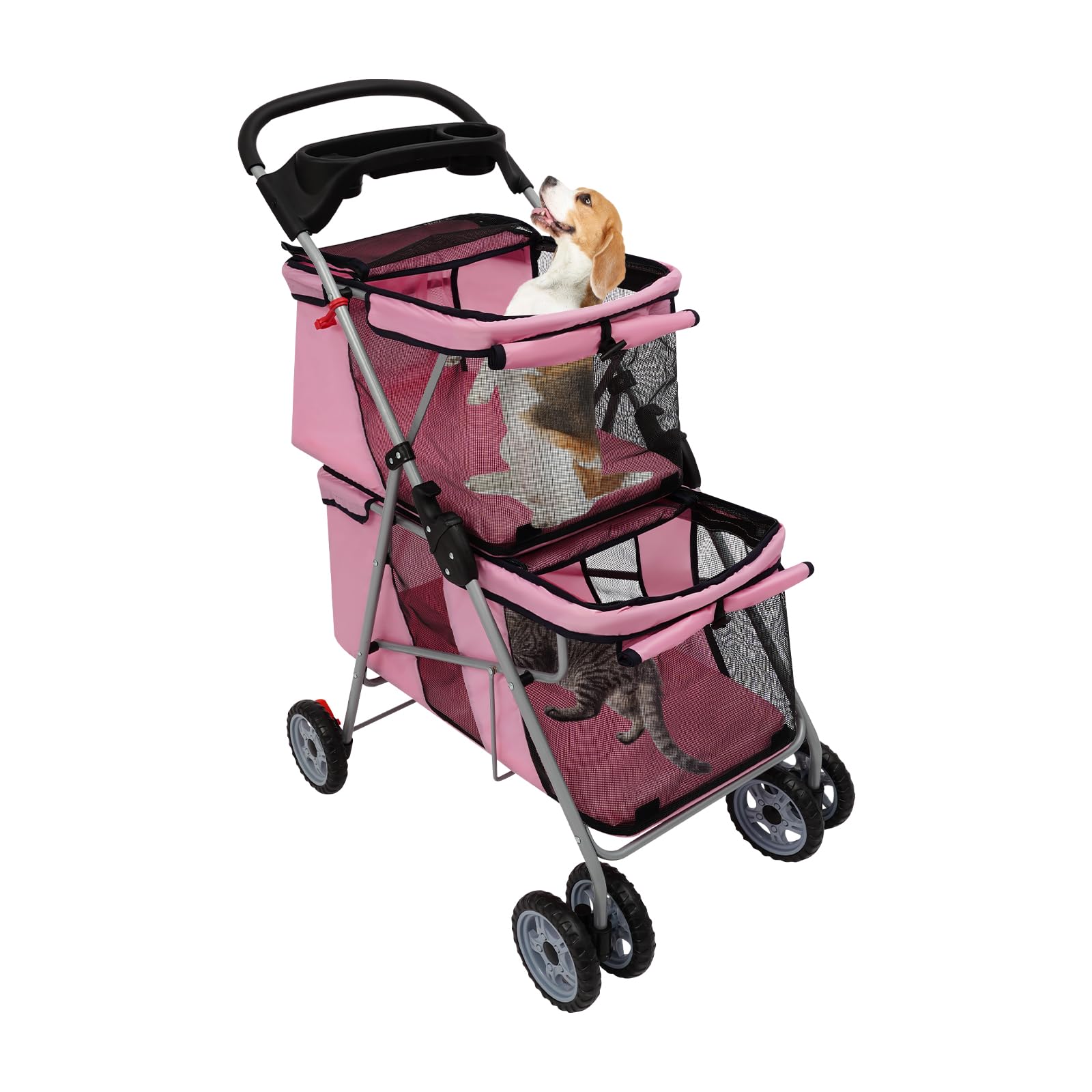 Passeggino per animali domestici, doppio passeggino pieghevole per cani e gatti fino a 20 kg (rosa)