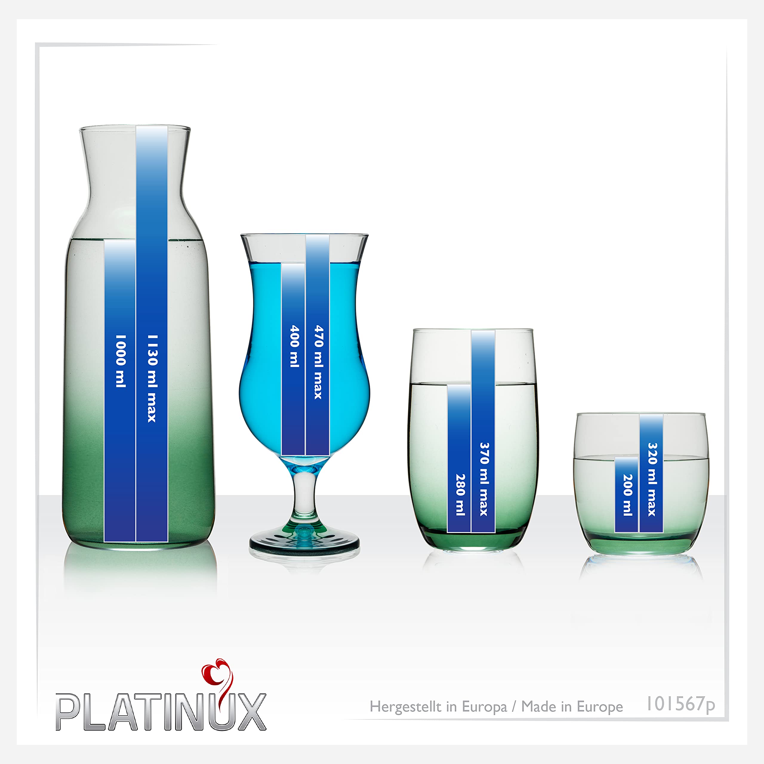 PLATINUX Juego de vasos y jarra con efecto ombré verde, 19 piezas de cristal, jarra de agua, vasos de cóctel