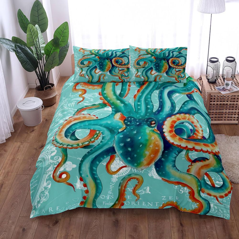 Housse de couette pieuvre verte microfibre douce 240x220 parure de lit 3 pièces avec zip