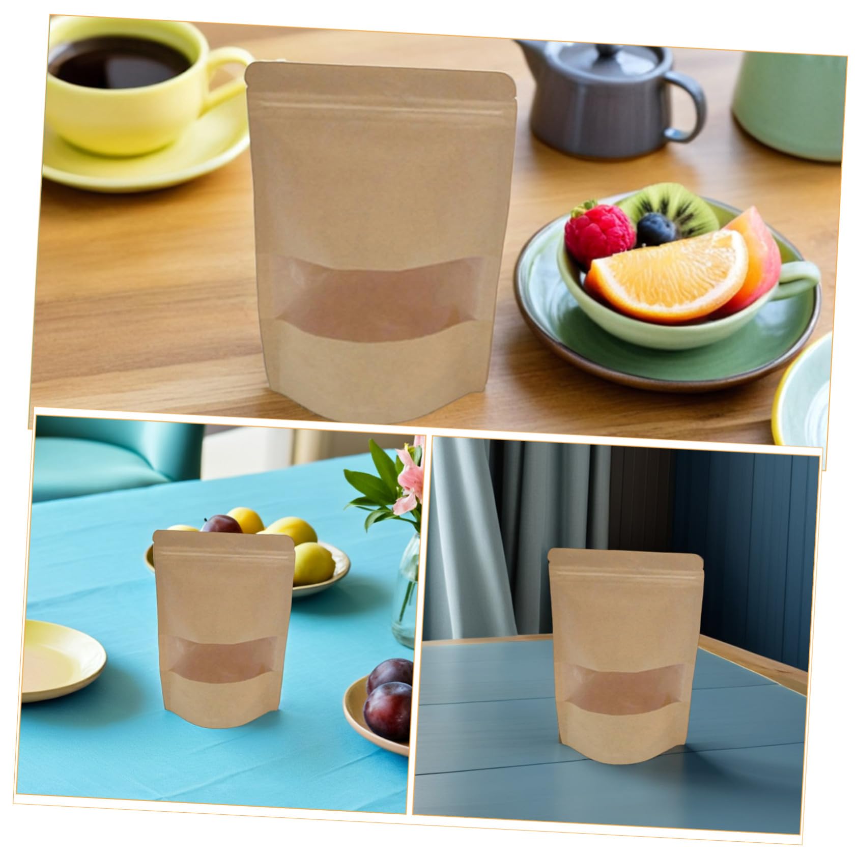 50 Pièces Sachets Kraft Alimentaire avec Fenêtre Mat et Zip Réutilisables Sacs Stand Up Resealables pour Stockage Biscuits Bonbons et Snacks