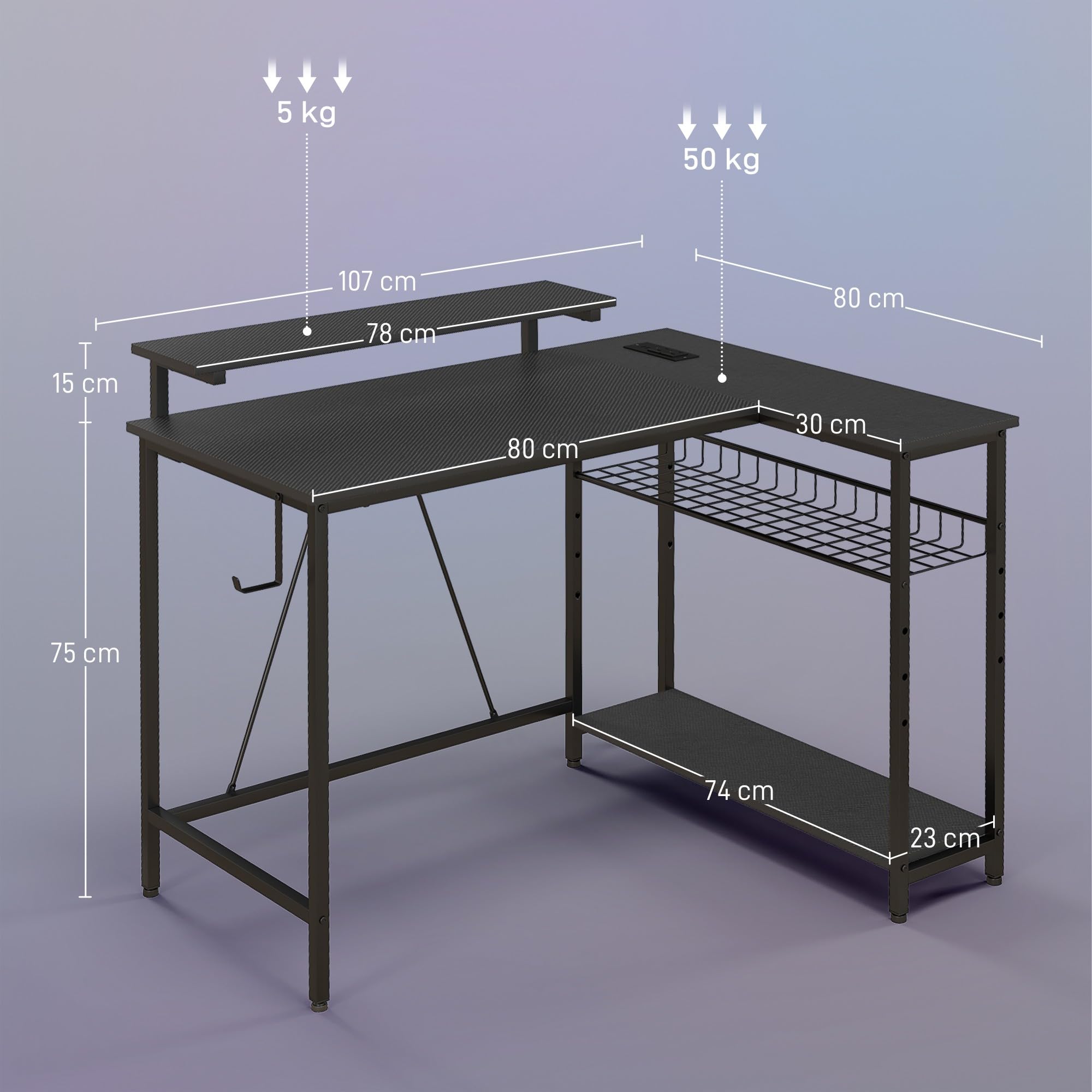 HOMCOM Bureau d'angle Réversible LED 2 Prises 2 Ports USB 107x80cm Noir
