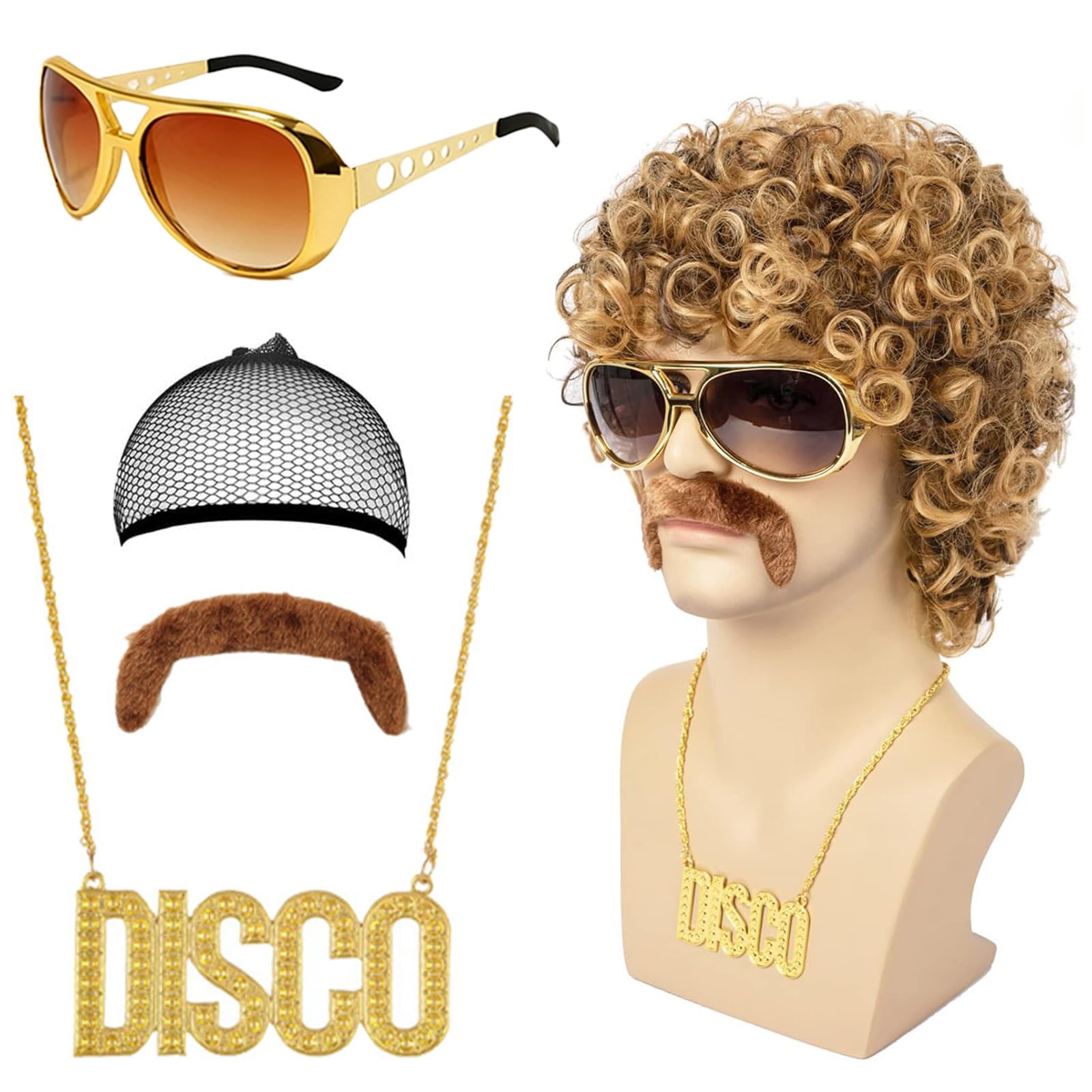 5-częściowy zestaw męskich peruk z łańcuszkiem, brodą i okularami w stylu lat 70-tych i 80. Disco Dude Dirt Bag, peruka hipisowska, kostium w stylu hipisowskim, akcesoria na karnawał, cosplay i