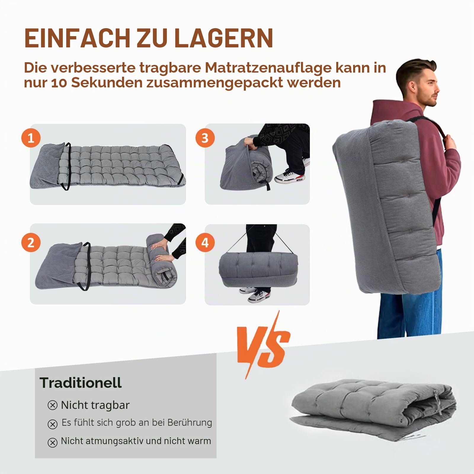 ATORPOK SHOP Campingbetten für Erwachsene mit Kissen, tragbares Zelt, bequemes Reise-Campingbett zum Schlafen, Kinderbett mit Tragetasche, unterstützt 204 kg (grau)