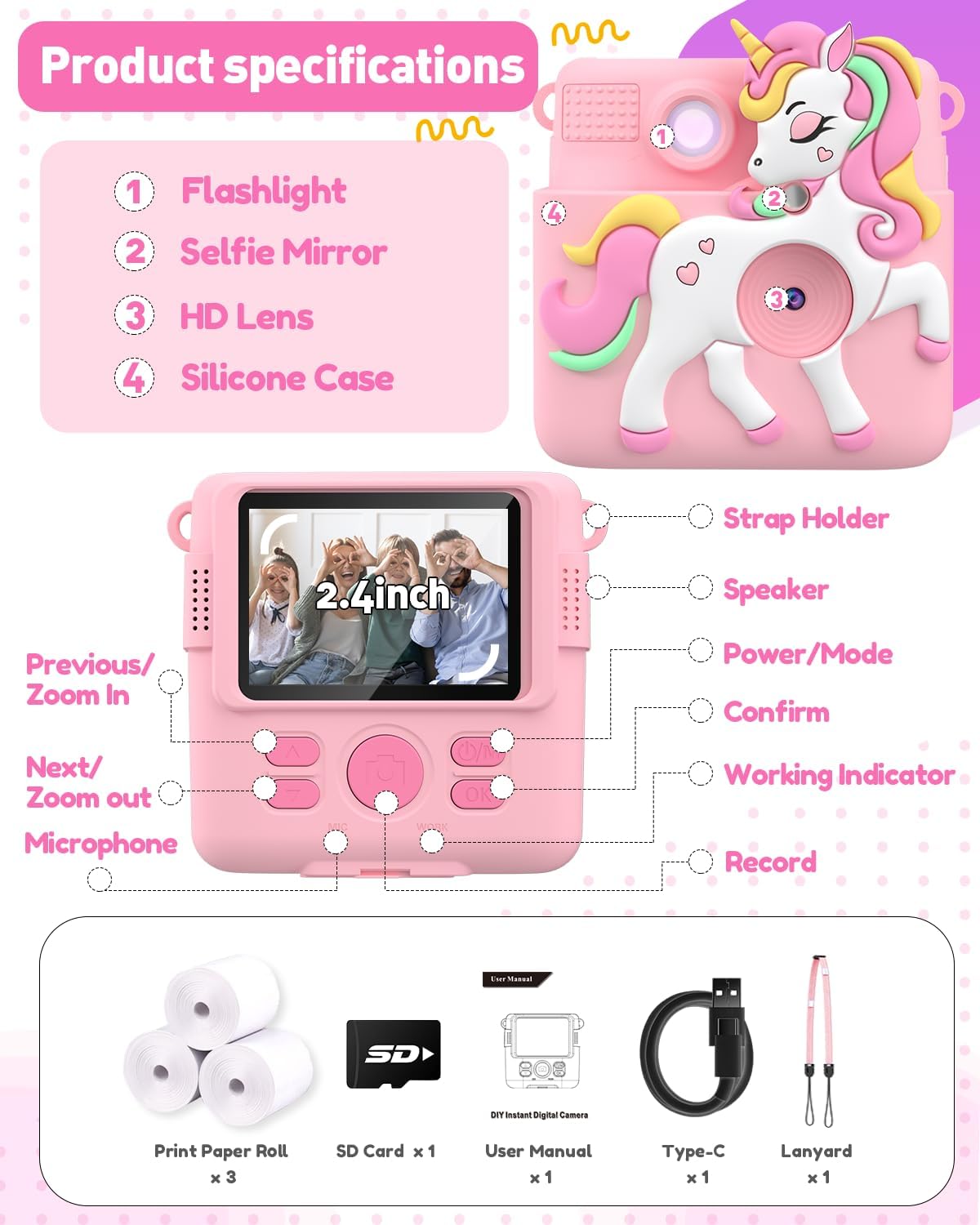 Kids Camera Instant Print with Silicone Cover, Creative Gifts for Girls Age 4-12 Birthday Christmas, 1080P Digital Camera Toy with Memory Card - Pink
