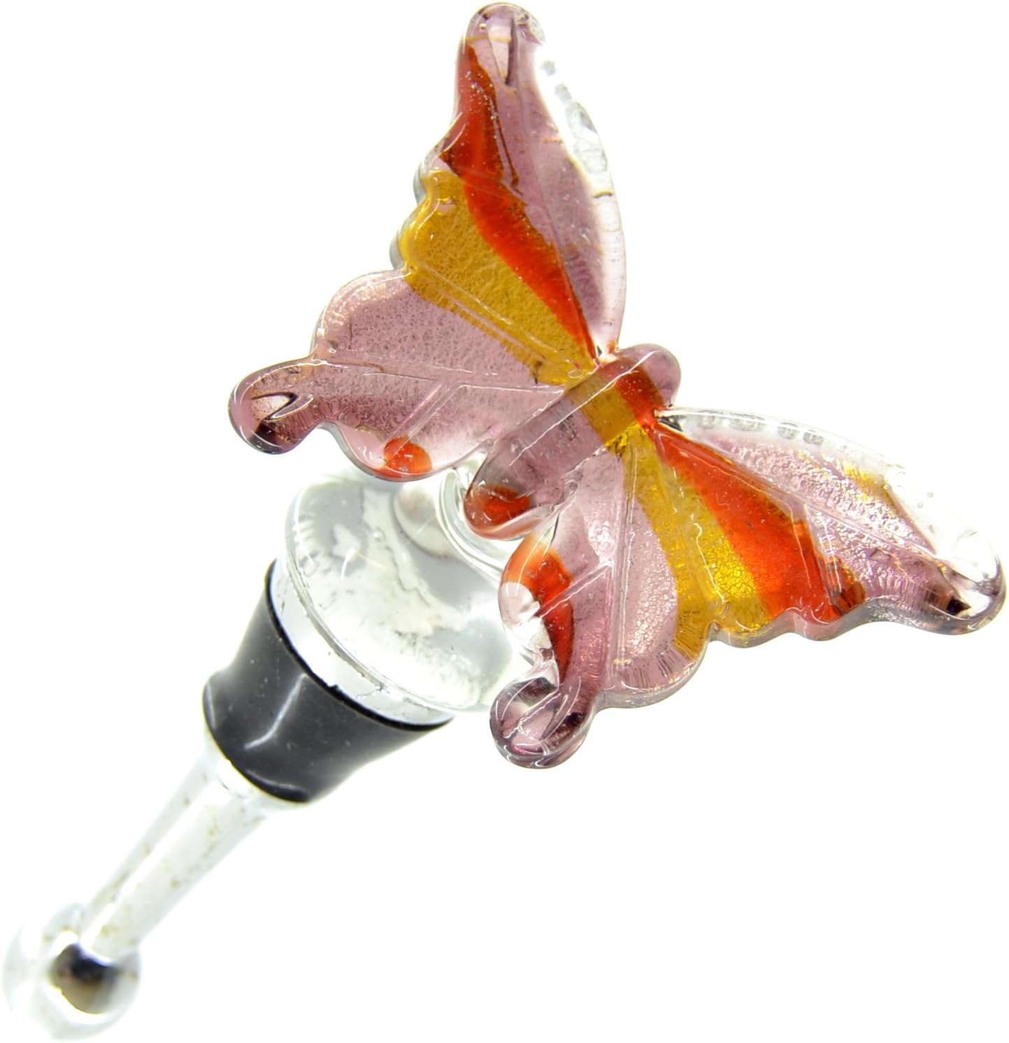 Sophia Collection Chrome and Purple & Orange Glass Butterfly Bottle Stopper In a Gift Box