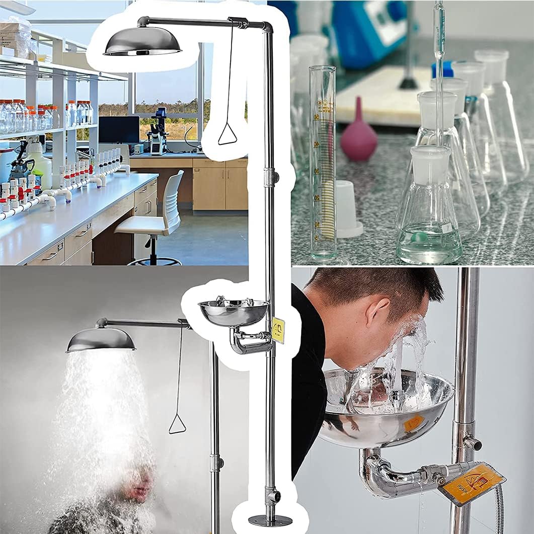 Emergency Eyewash Station 2 in 1 Combination Coated Sprayed Shower 304 Stanless Steel, Combination Emergency Rescue Supply with Abs Basin