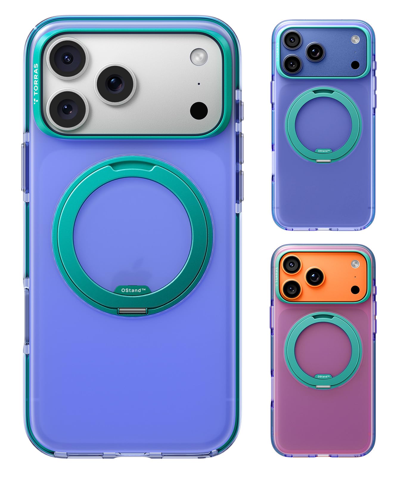 TORRAS iPhone 17 Pro 用ケース 【カラークラッシュ・複合素材耐衝撃バー】リング Ostand O3 Hue MagSafe対応 米軍MIL規格耐衝撃 スタンド 指紋防止 黄変防止 カメラコントロールボタン付き ストラップホール 透明 撮影/動画視聴/日常の記録 手のひらサイズの映像革命 オーロラ・パープル