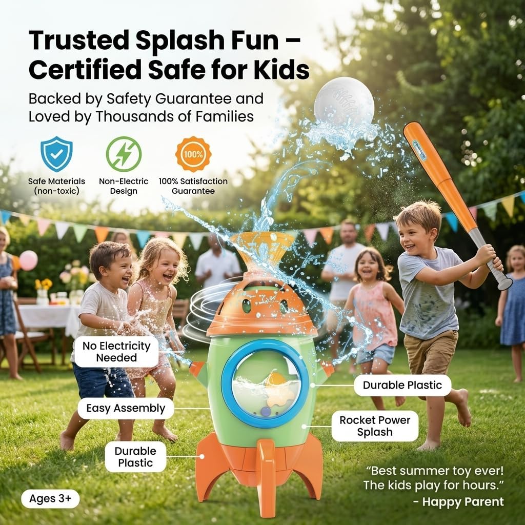 Rocket Water Sprinklers T Ball Set & Water Ball Toy (Orange), Kids Water Spray Toy for Backyard Outdoor Summer Games, Outside Water Play Toys for Boys Girls Toddlers Ages 3-8