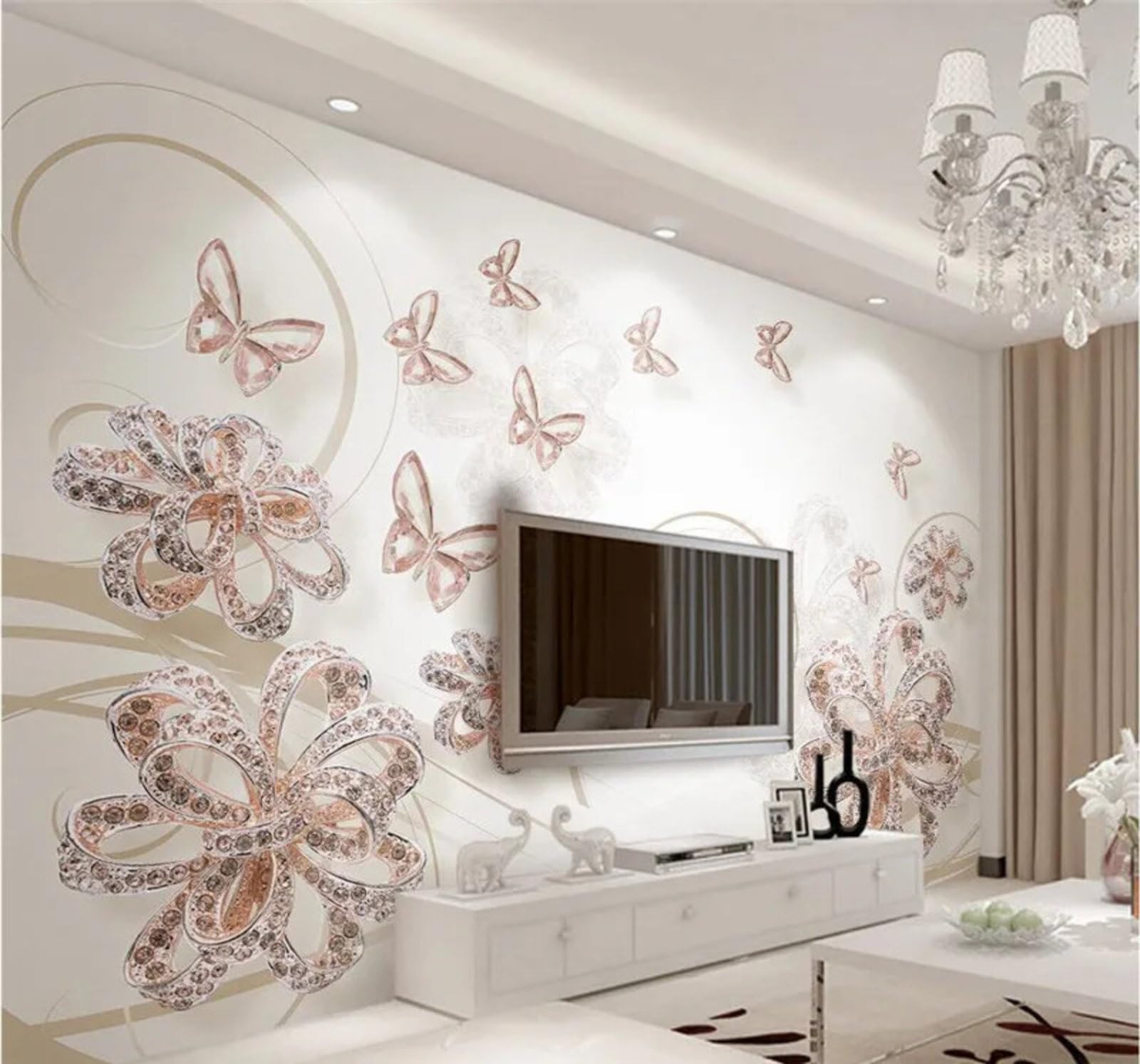Three Dimensional Diamonds Flowers Butterflies Jewellery 3D Wallpaper Easy Install Feature Office Living Room Sofa Bedroom TV Background Wall Decoration-150cm×105cm