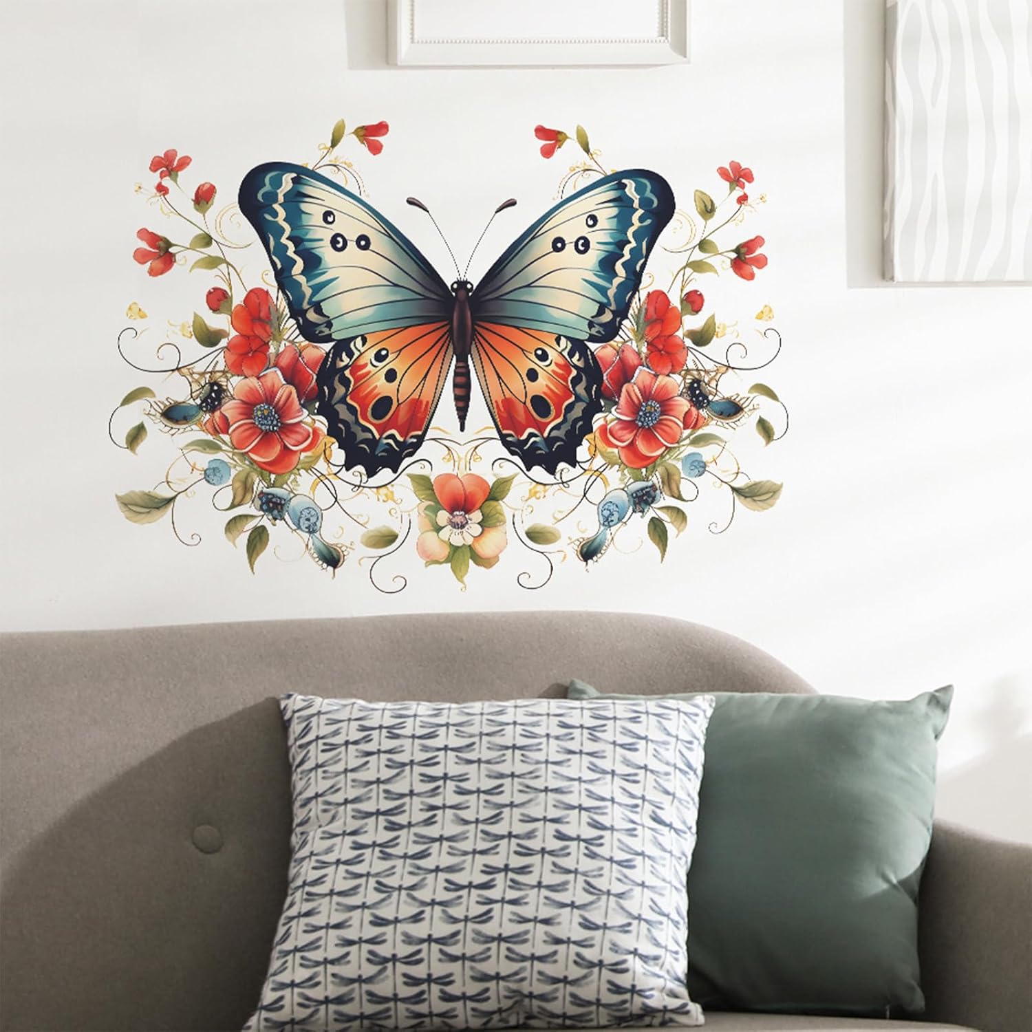 TUOKING Butterfly Red Flowers Wall Stickers Removable Wall Murals Peel and Stick Wall Art Decal Home Decor for Kitchen,Bedroom,Living Room(fun-e34)