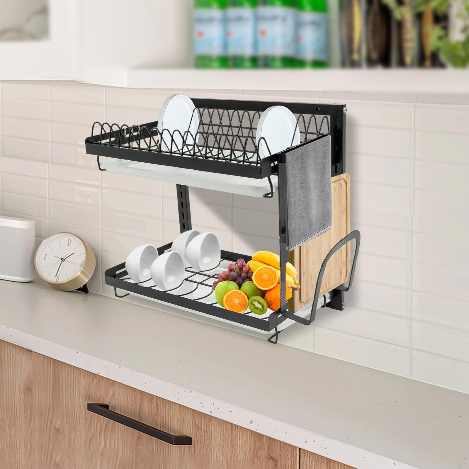 Escurreplatos de 2 niveles, soporte para vajilla, soporte para platos, soporte para platos, soporte para vajilla, estante de pared con organizador de utensilios