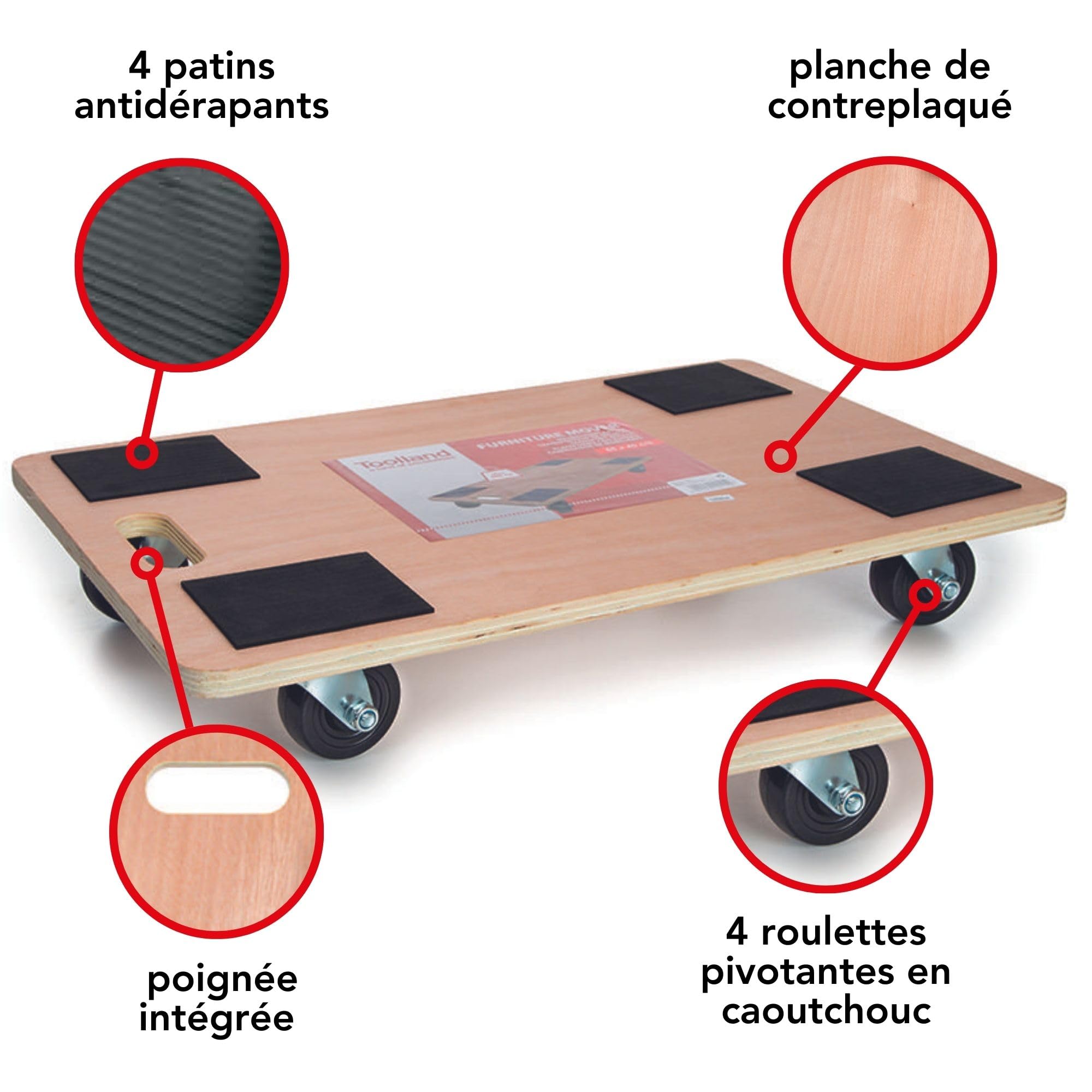 Toolland Rouleur de meubles, avec revêtement antidérapant, 4 patins, poignée intégrée, 4 roulettes en caoutchouc pivotantes, en contreplaqué, capacité de charge jusqu'à 400 kg, bonne maniabilité, 10,5