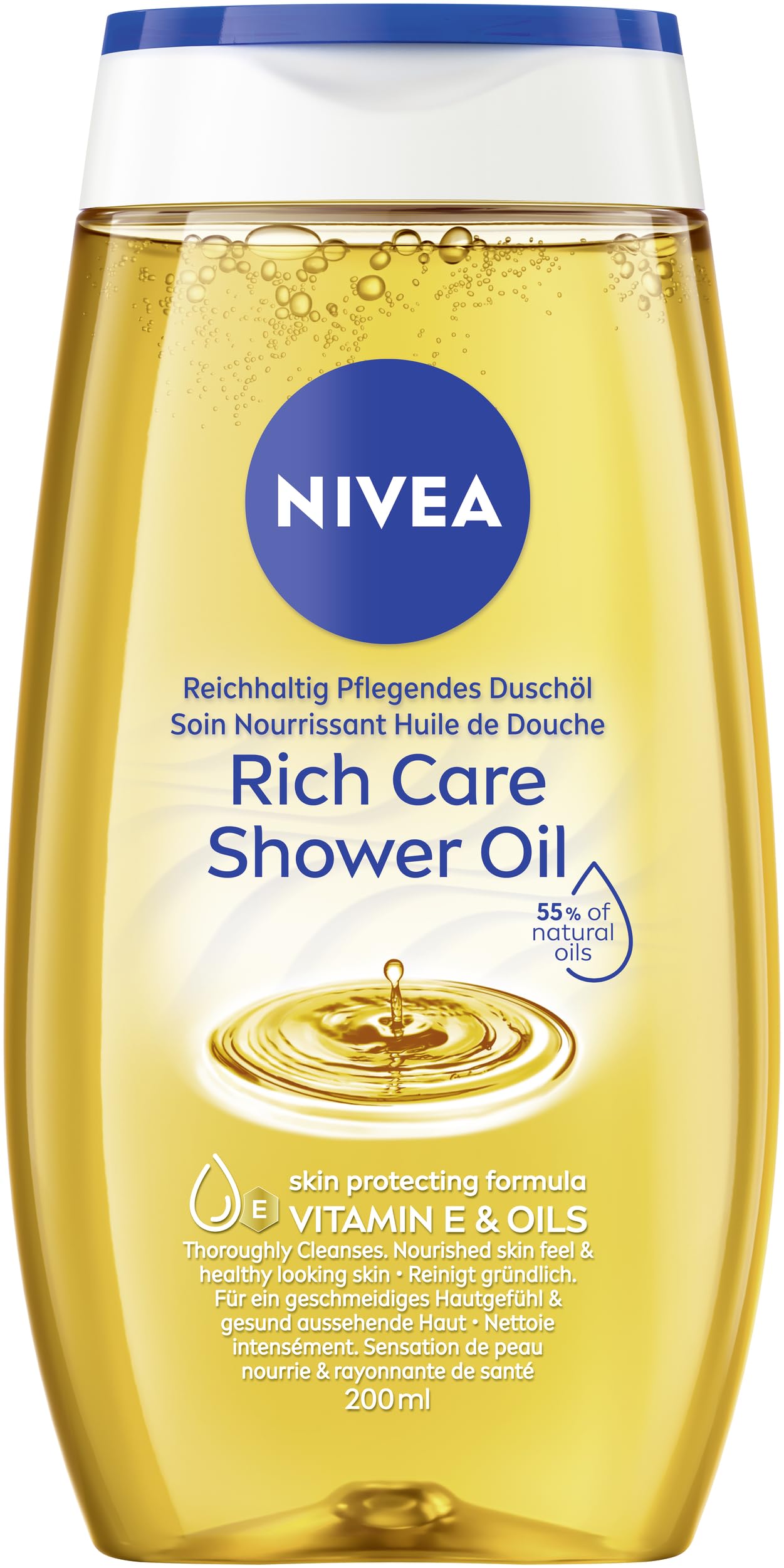 NIVEA Reichhaltig Pflegendes Duschöl (200 ml), sanftes Duschgel mit natürlichen Ölen und Vitaminen, reichhaltige Pflegedusche für ein geschmeidiges Hautgefühl
