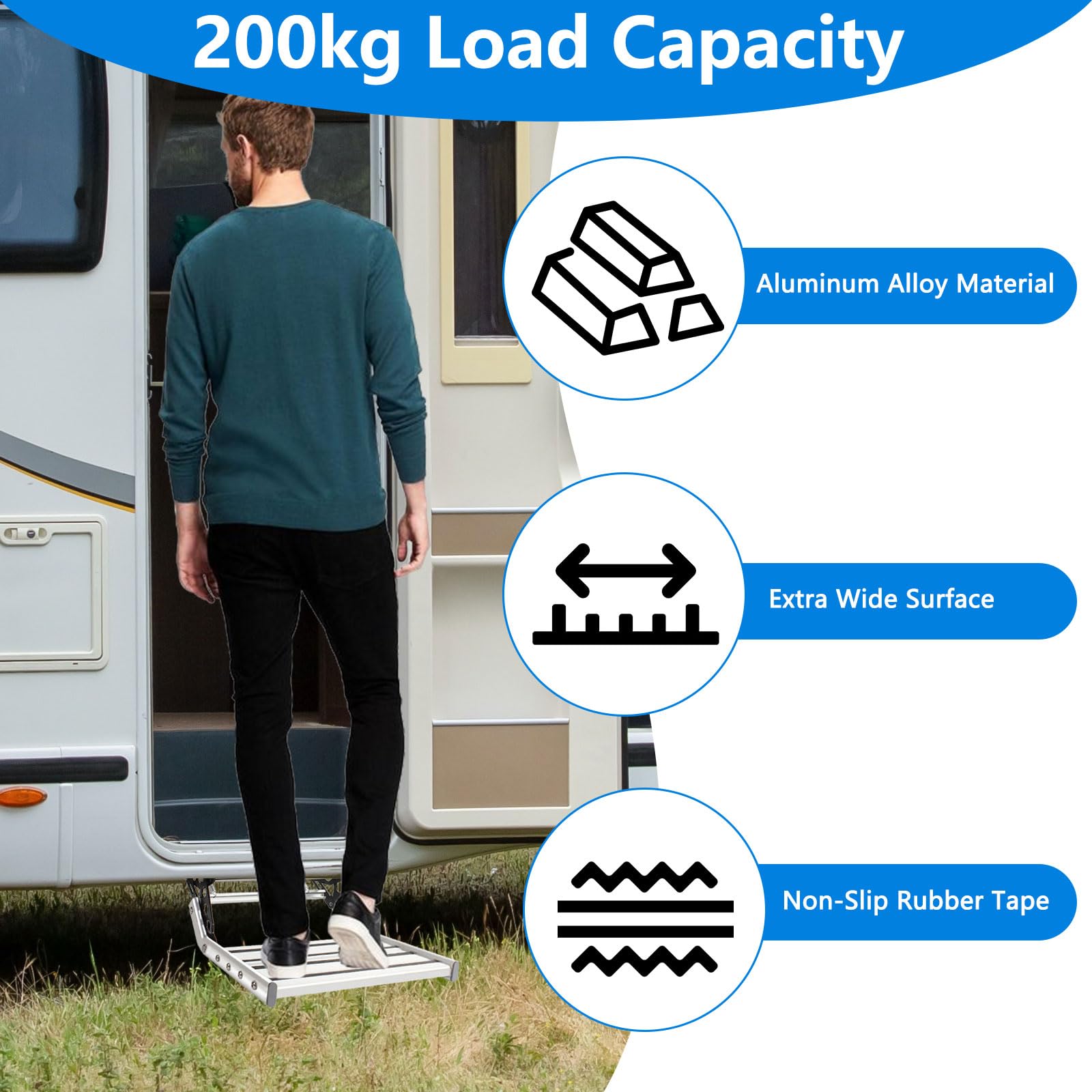 Escalón para caravana y autocaravana – Escalera individual plegable manual con escalón ancho antideslizante, marco de aluminio reforzado y capacidad de carga de 200 kg – Entrada segura para caravanas