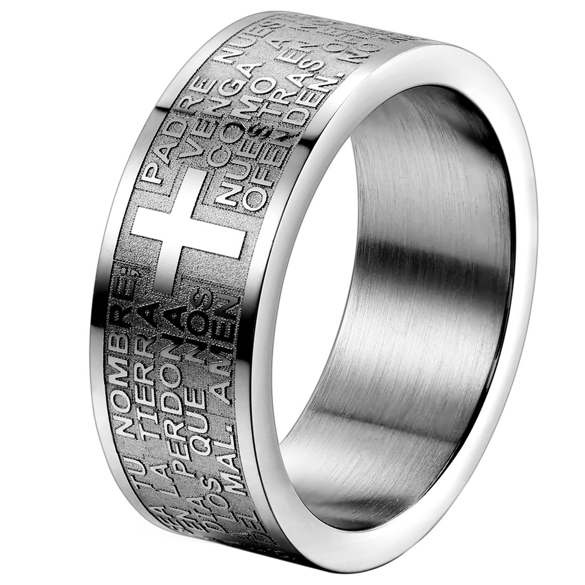 OIDEA Herren Damen Ring Edelstahl Silber, 8mm Polished Bibel Gebet Kreuz Biker Verlobungsringe Trauringe, Größe 52 - Größe 65