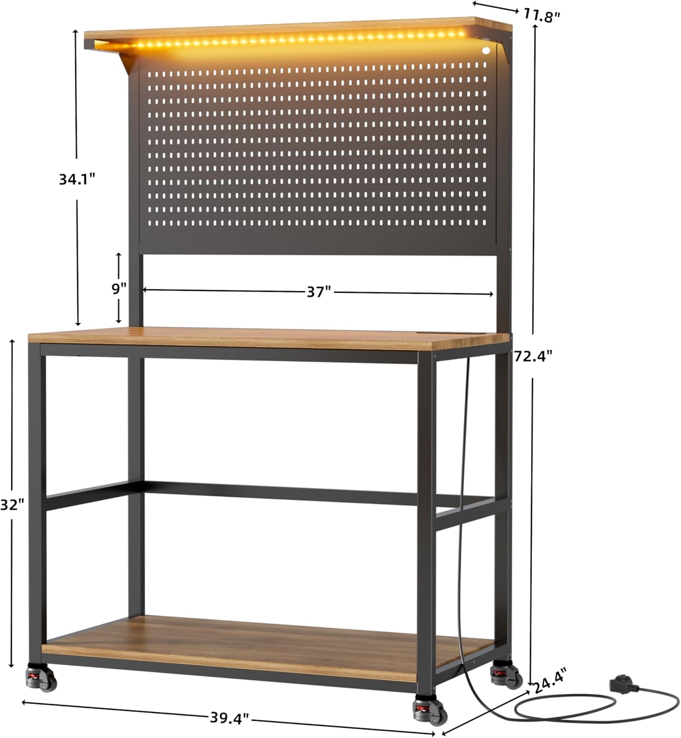 PAKASEPT 3D Printer Stand with Filament Storage Workbench,3D Printer Table with Charging Station & LED Lights,Heavy Duty Rolling Printer Desk with Pegboard for Workshop/Office/Garage