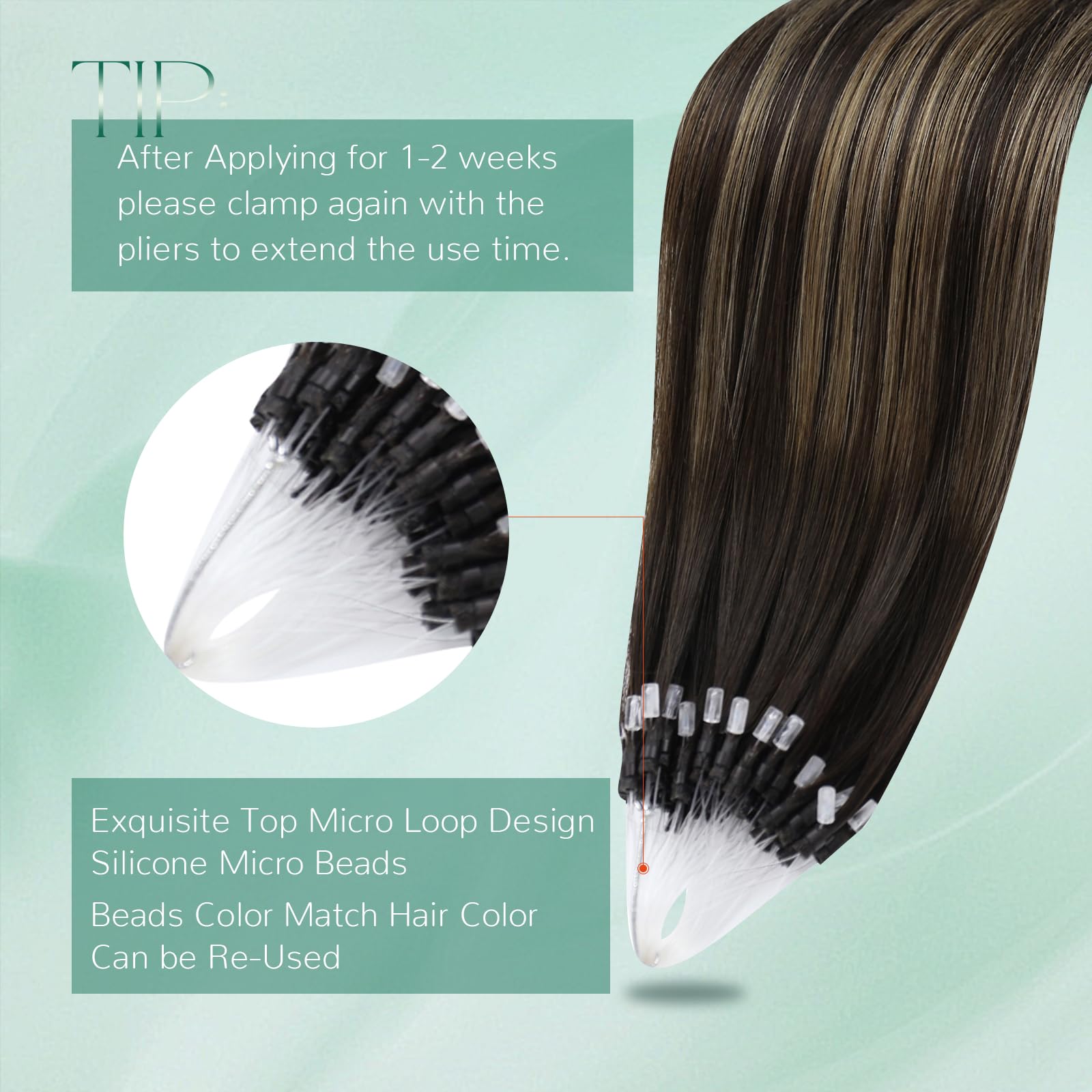 Easyouth Micro Ring Human Hair Extensions Seamless Micros Loop Hair Extensions Darkest Brown with Light Brown Micro Link Hair Extension Remy Human Hair Daily Wear 18 Inch 50g/50s - Image 4