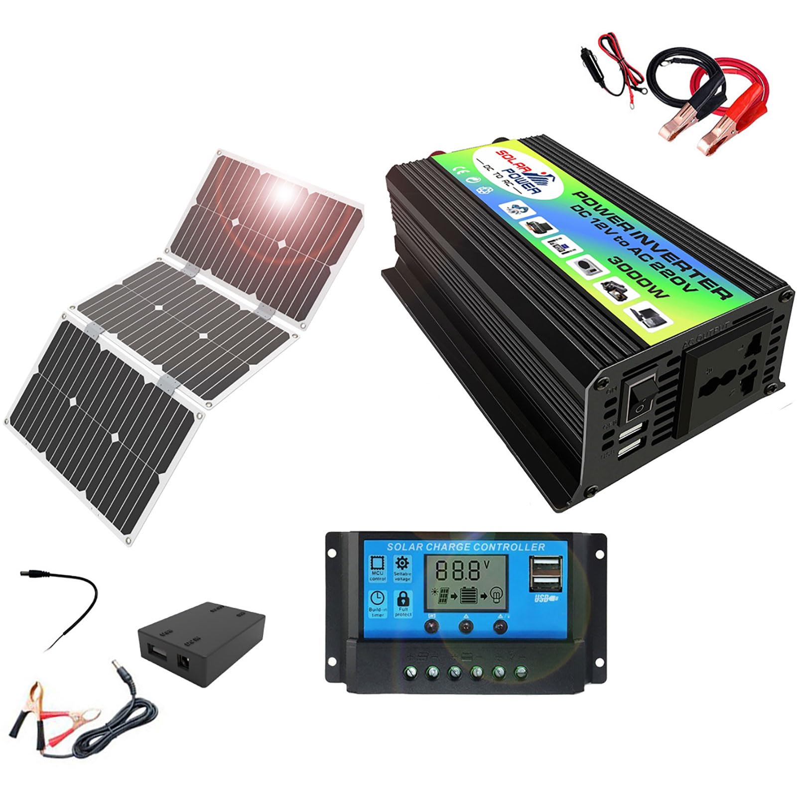 MIIZOO Solar Panel Kit 3000 W for Motorhomes, Outdoors and Home Use (110 V) with 60 W Monocrystalline Panel and 30 A PWM Charge Controller (110 V)