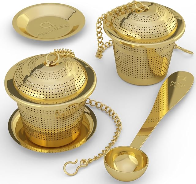 Apace Loose Leaf Tea Infuser (Set of 2) with Tea Scoop and Drip Tray - Ultra Fine Stainless Steel Strainer & Steeper (Gold, Medium)