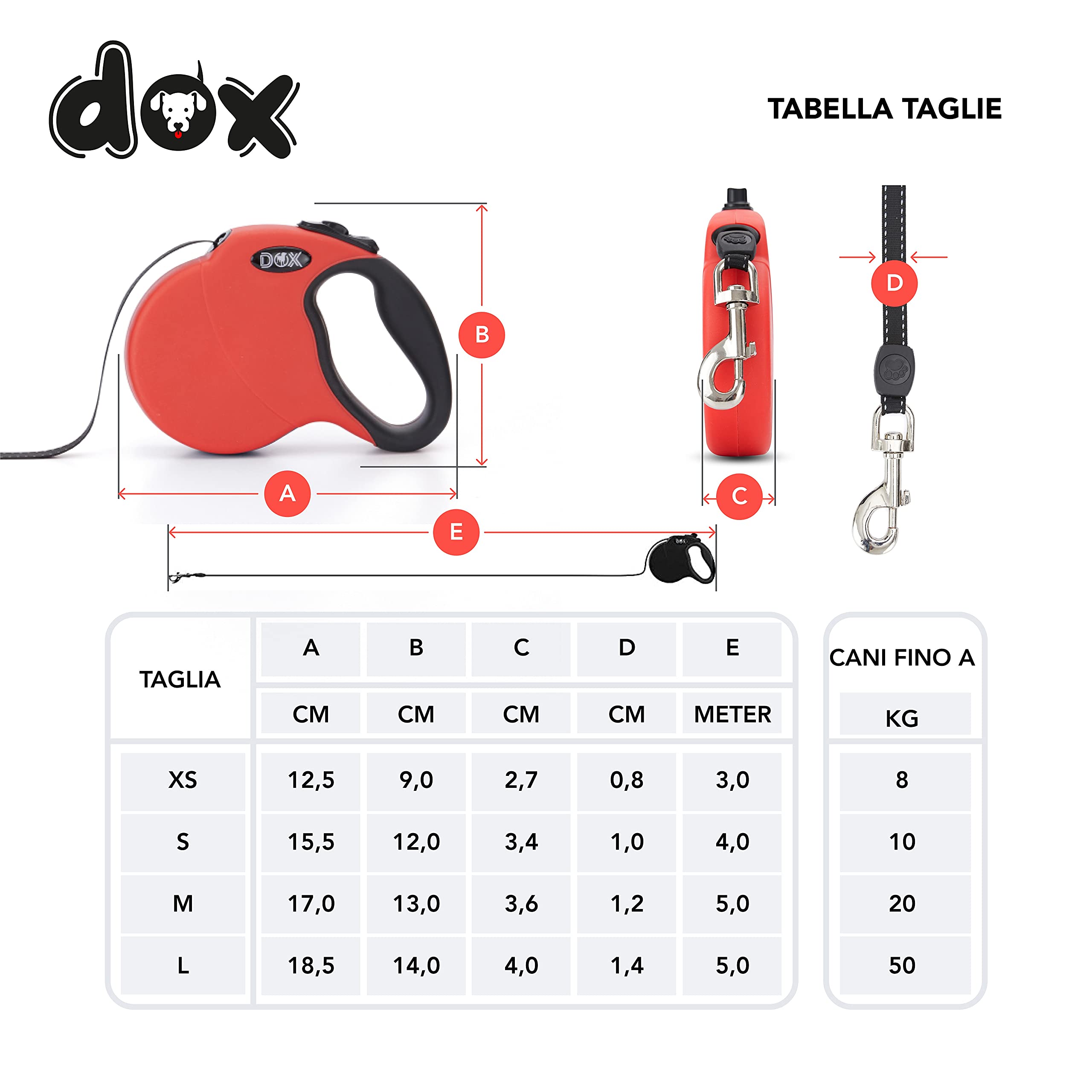 DDOXX Guinzaglio per Cani Allungabile | Colori e Misure Diverse | per Cani Piccoli e Grandi | Accessori Cane Guinzaglio a Bretella Retraibile | Guinzaglio per Gatti e Cani | L, 5m, Fino a 50 kg, Rosso