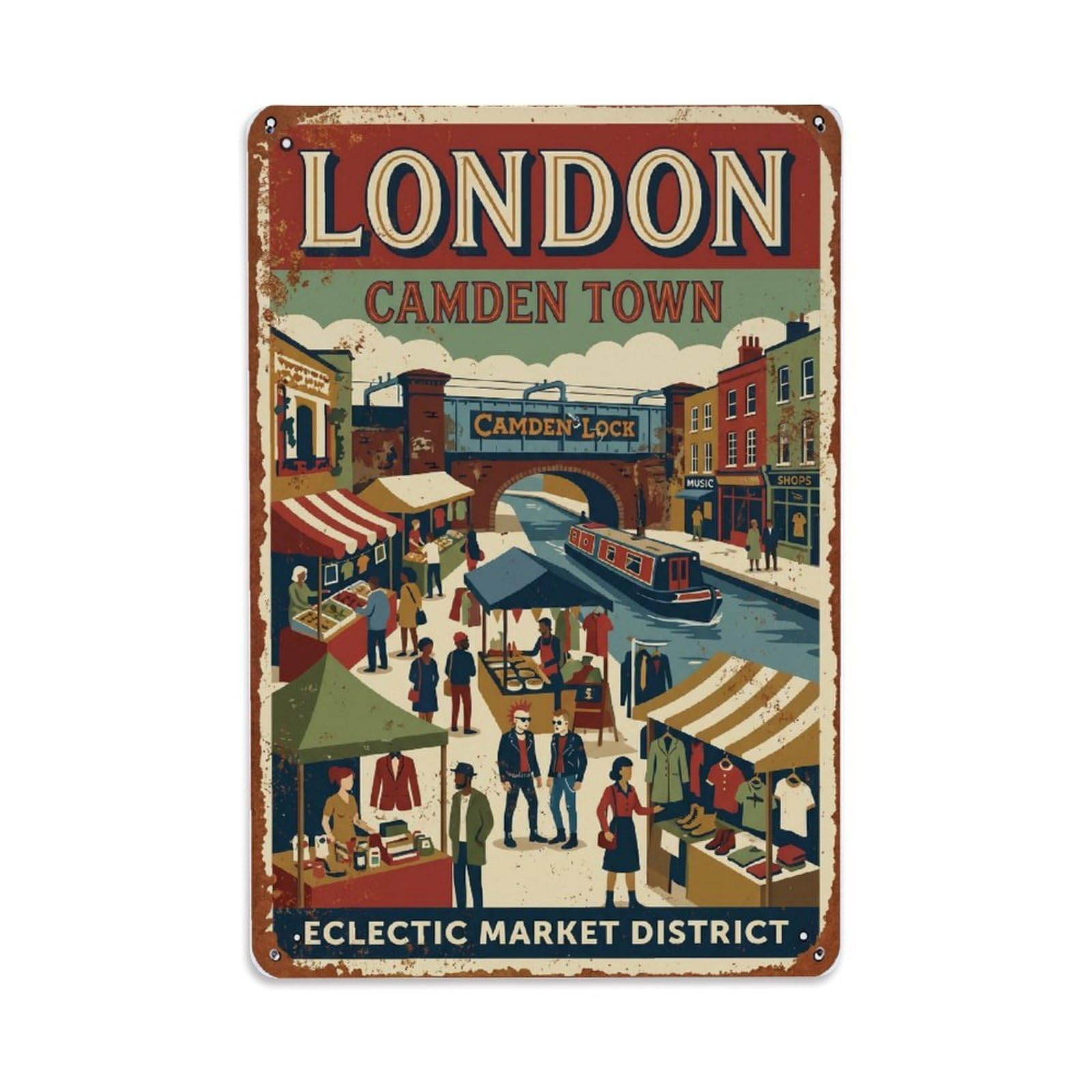 Vintage Travel London Camden Town Market Rusted England Metal Tin Sign Plaque Wall Decor for Cafe, Club Bar, Office, Home Garden Metal Poster 8x12Inch
