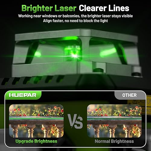 Miniatura 5 de HUEPAR Nivel láser 360 autonivelante, recargable 3D de alto brillo láser verde 3 x 360 ° la mejor herramienta niveladora láser para construcción