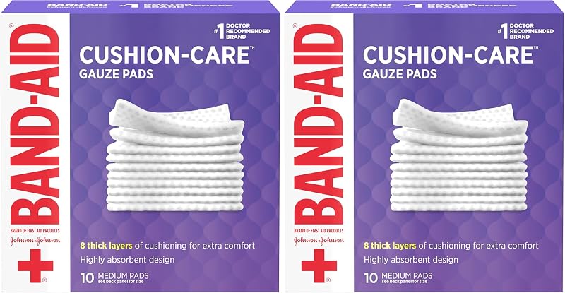 Almohadillas de gasa antiadherentes Band-Aid Brand Cushion Care, envueltas individualmente, medianas, 3 x 3 pulgadas, 10 unidades (paquete de 2)