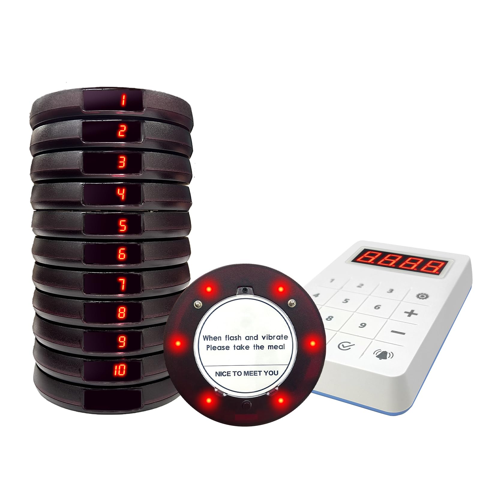 Restaurant Buzzer System, 10 Coaster Beeper Pager System with Buzzer, Customer Queue Pagers Set with Vibration, Flashing and Buzzer, for Food Truck, Church, Nursery