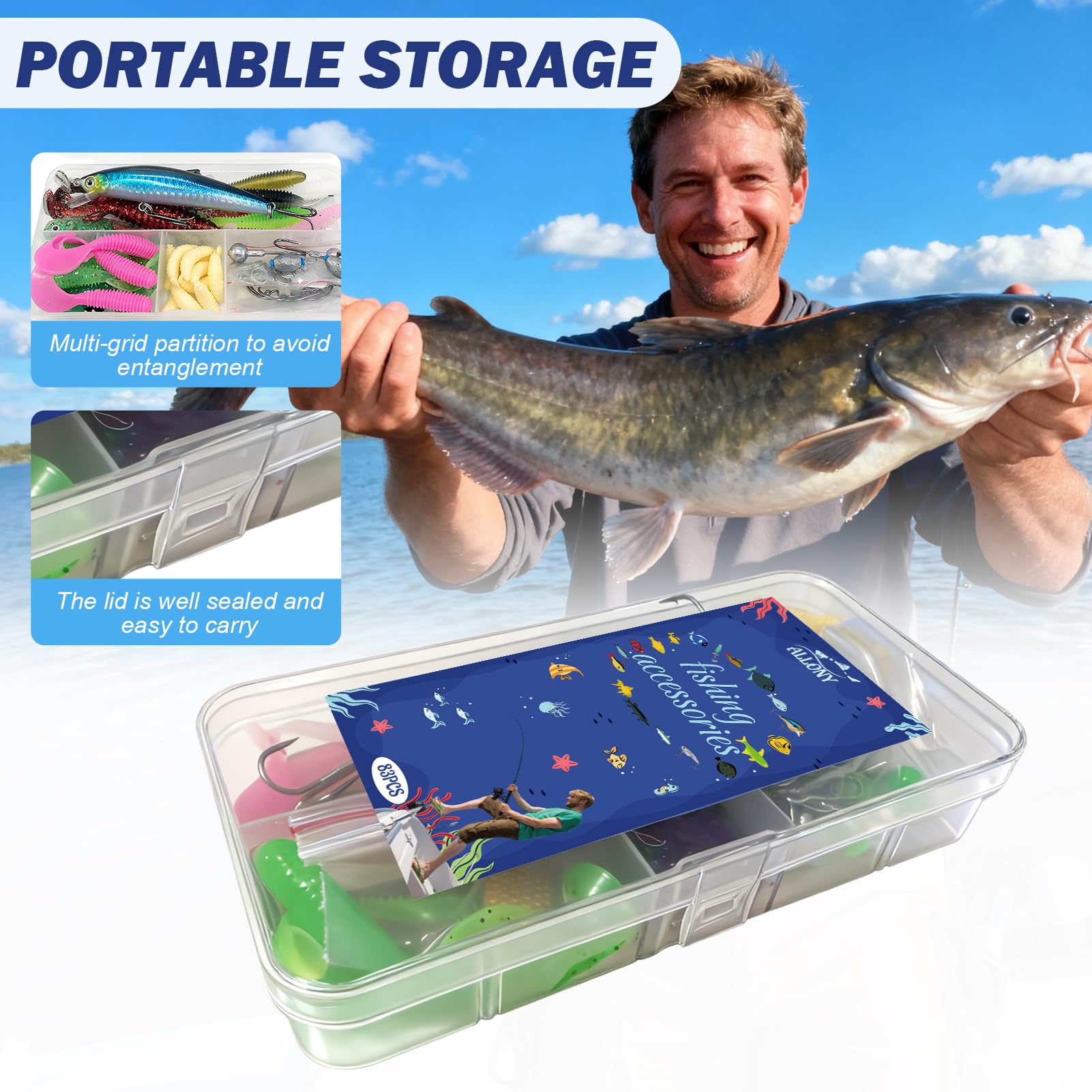 Allony Señuelos de Pesca, 83 Piezas Kit de Pesca Accesorios, Incluye Accesorios, Señuelos, Caja de Aparejos, Anzuelos y Más para Todos los Peces, Apto para Agua Dulce y Salada